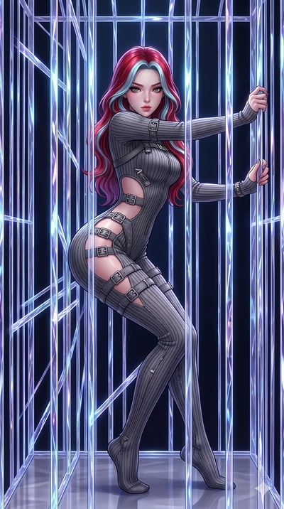 score_9, masterpiece, best quality, ultra-detailed, High-budget Anime Keyframe, East Asian woman. Dynamic full-body shot stretching the vertical silhouette to the limit. Scenario 162: Trapped in a cage of glowing crystalline fibers, body pressing aga