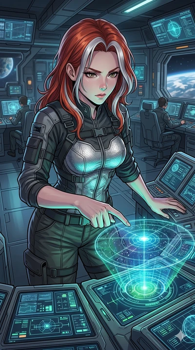 score_9, masterpiece, best quality, ultra-detailed, high-budget anime keyframe, Caucasian woman, strictly human ears. Upper body close-up from the thighs up, character filling the screen for maximum presence. Inside a space station control center, mo