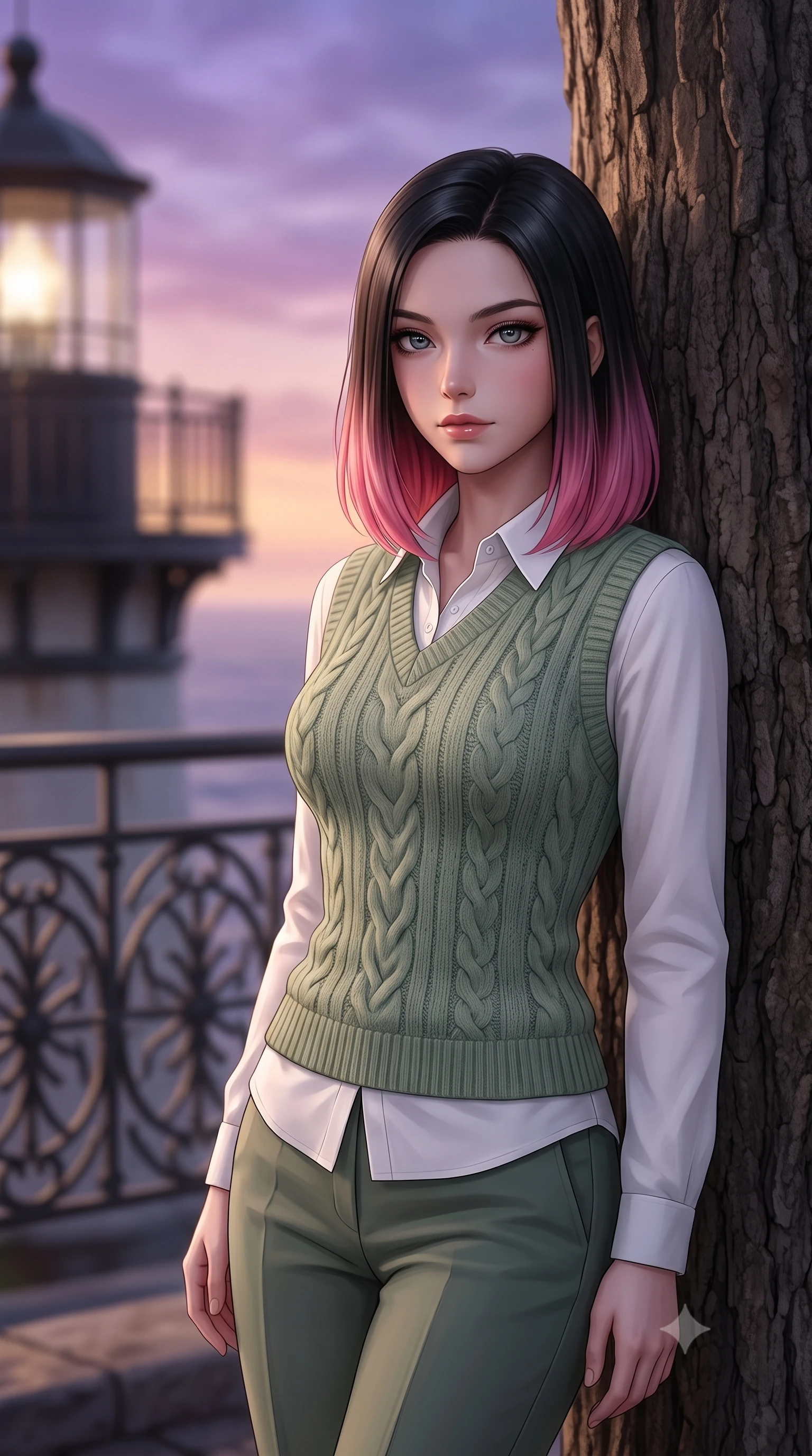 score_9, masterpiece, best quality, ultra-detailed, high-budget anime keyframe, editorial fashion photography, tasteful artistic composition, Korean woman woman. close-up cowboy shot from the waist and thighs up, the character dominates the composition, filling the frame with her large presence, background elements kept in soft focus. standing relaxed against a tree trunk, sharing a quiet, serene moment with the viewer the background shows a soft-focus a metal balcony of a coastal lighthouse with a wide view of the ocean horizon. She has an exceptionally elegant, slender, and willowy female figure with an ultra-slim waist, a gracefully sculpted slender torso, and a refined silhouette. sharp v-shaped jawline, high-bridge nose, intricate jewel-like eyes with depth, thick eyelashes, glossy lips with a natural sheen. wearing a slim-fit soft cable-knit vest in sage green, layered over a white collared shirt and straight-cut trousers. romantic dusk lighting with a gradient of violet and orange sky. 2k, ultra detail, master piece, 9:16 ratio