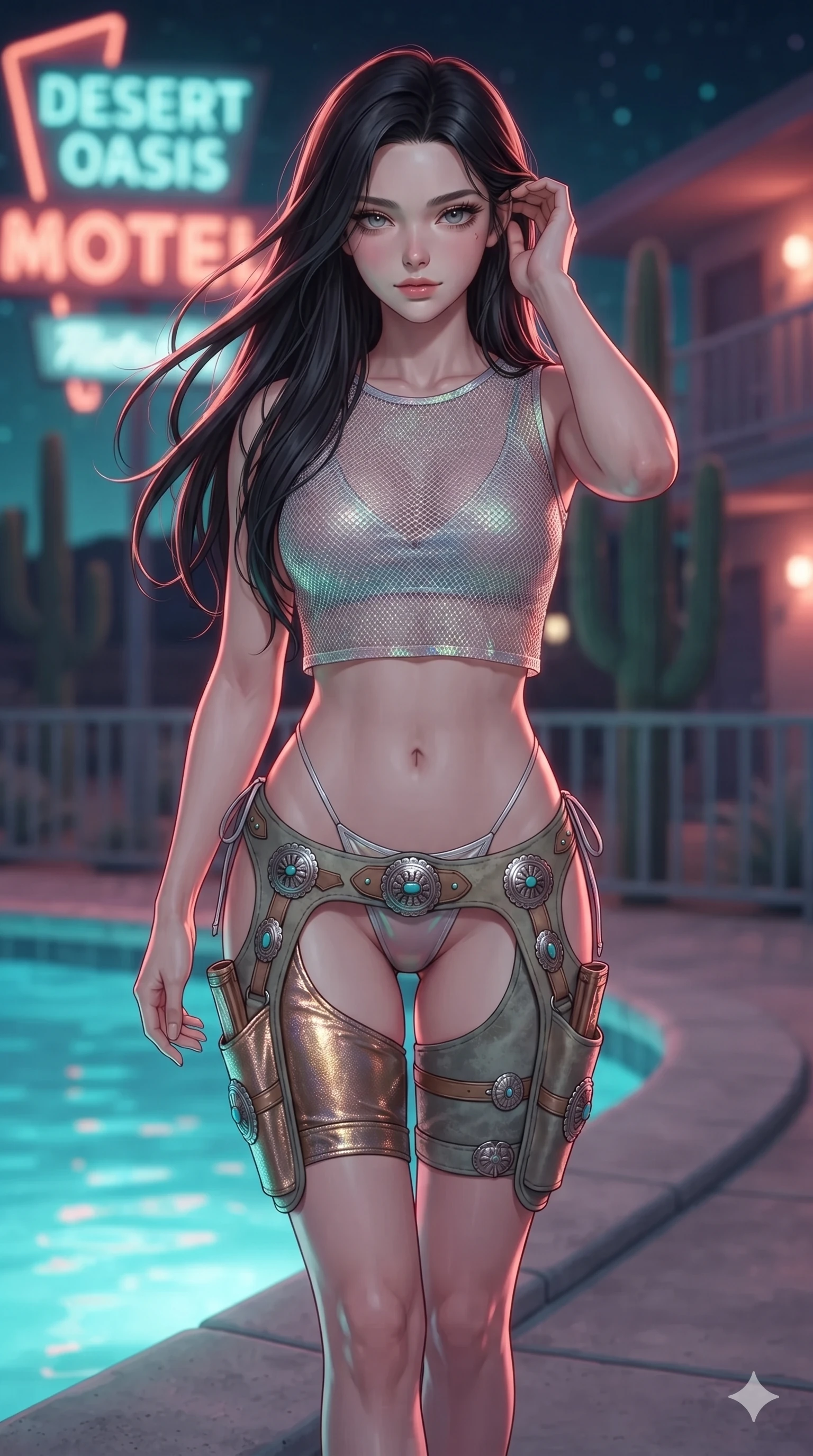 score_9, masterpiece, best quality, ultra-detailed, high-budget anime keyframe, editorial fashion photography, tasteful artistic composition, Korean woman. close-up cowboy shot from the waist and thighs up, the character dominates the composition, filling the frame with her large presence. gently brushing a lock of windblown hair behind her ear while casting a playful, flirtatious side-gaze with long eyelashes while walking slowly along the concrete pool coping with hypnotic grace, hips swaying in an alluring sensual rhythm that accentuates her curvy hourglass silhouette. The background shows a soft-focus glowing neon motel sign letters, towering saguaro silhouettes, and motel balcony railings blurred into turquoise, coral, and violet bokeh. She has an exceptionally elegant, slender, and willowy female figure with an ultra-slim waist, flat toned midriff, narrow ribcage, and sculpted feminine hips creating an alluring, slim hourglass silhouette without bulk. sharp v-shaped jawline, high-bridge nose, sparkling eyes with hypnotic seductive depth, thick curled eyelashes, glossy parted lips with a natural dewy peach sheen, alluring bedroom-eyes with an enchanting coquettish smile, exuding magnetic siren charisma and sophisticated glamour, flawlessly proportioned anatomical accuracy, strict slender model proportions, natural body alignment, perfectly sculpted long slender limbs, ultra-slim waistline, clean dynamic posture without body distortion. wearing a translucent iridescent mesh swim crop top paired with high-cut string bikini bottoms and leather thigh holsters in metallic bronze lamé and dusty desert sage, made of delicate semi-sheer nanotech mesh with airy hexagonal open-weaves, accented with authentic engraved silver concho medallions and turquoise cabochons, the bespoke structured tailoring following the natural line of her 8.5-heads silhouette with refined elegance. illuminated by turquoise water surface bounce and sharp neon-coral rim lights sculpting her razor-sharp jawline, narrow waist, and curvy hips. ultra-reflective glossy finish, specular highlights, rich textural contrasts, high-contrast stereoscopic depth, volumetric dynamic lighting, 2k, ultra detail, master piece, 9:16 ratio