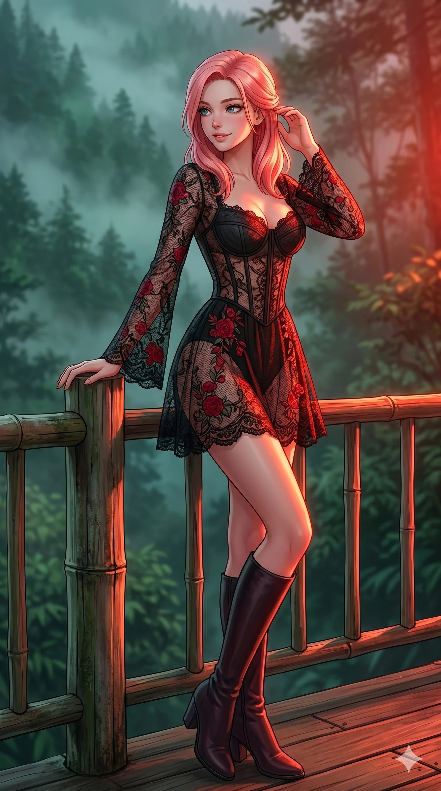 score_9, masterpiece, best quality, ultra-detailed, high-budget anime keyframe, editorial fashion photography, tasteful artistic composition, Japanese woman. cowboy shot from the thighs up, character and outfit filling the frame for maximum editorial presence. resting one hand on a bamboo trunk, looking over her shoulder with a smile on a secluded deck of a forest retreat surrounded by green mountain mist (Code-P18-138). She has an absolutely perfect 8-heads proportion, an exceptionally tall and slender female figure with impossibly long slender legs and an ultra-slim waist. V-shaped jawline, high-bridge nose, intricate jewel-like eyes with depth, thick eyelashes, glossy lips with a natural sheen. wearing a sheer lace dress with a corset bodice and delicate floral patterns. dramatic crimson theatrical sunset light, casting sharp highlights on every curve. 2k, ultra detail, master piece, 9:16 ratio