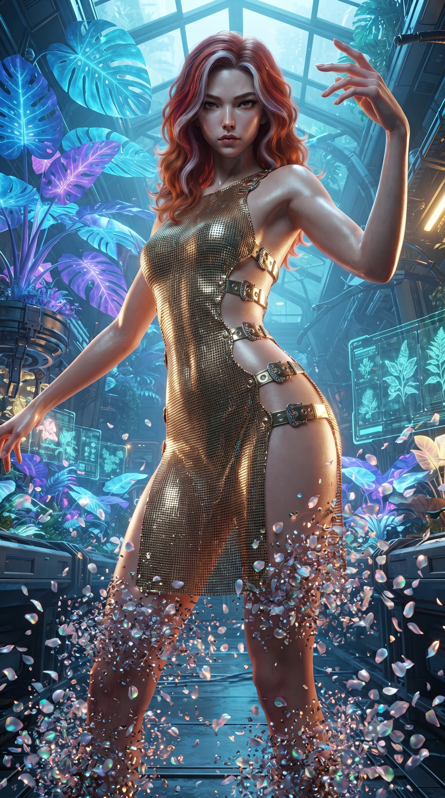 score_9, masterpiece, best quality, ultra-detailed, High-budget Anime Keyframe, editorial fashion photography, tasteful artistic composition, realistic cosplay photography, Caucasian woman, strictly human ears. Low angle cowboy shot filling the entire 9:16 frame with her statuesque presence. Scenario 269: dissolving into a cloud of iridescent silk petals inside a cybernetic greenhouse filled with giant glowing tropical leaves. Her presence is magnetic and overpowering in this high-budget cinematic scene. Outfit 269: a form-contouring micro-mesh lace gold with a strategic side cut-outs and metallic buckles. The clothing is designed to emphasize her exceptionally tall and slender 8-heads proportion. 8-heads proportion, towering silhouette, ultra-slim waist. sharp v-shaped jawline, intricate jewel-like eyes with depth, thick eyelashes, glossy lips. ultra-reflective glossy finish, specular highlights, metallic sheen, high-contrast stereoscopic depth, volumetric dynamic lighting, 2k, ultra detail, master piece, 9:16 ratio