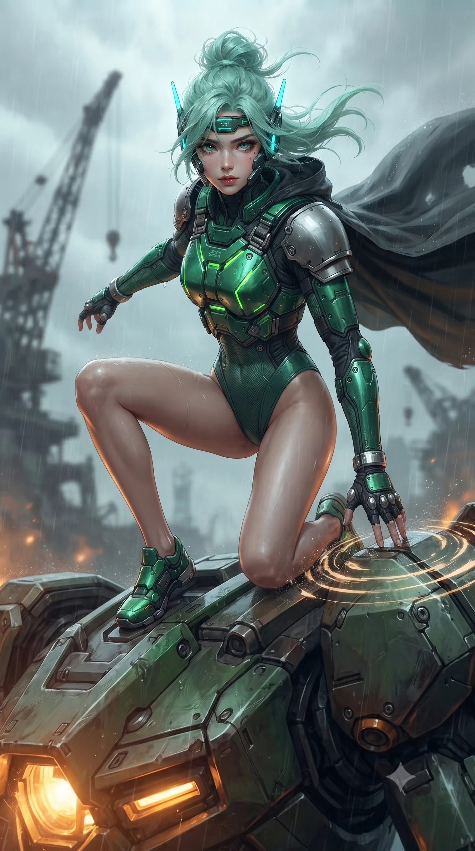 score_9, masterpiece, best quality, ultra-detailed, high-budget anime keyframe, editorial fashion photography, tasteful artistic composition, Japanese woman. low angle full-body shot from head to toe showing her feet, filling the entire 9:16 vertical frame with her statuesque presence, stretching her vertical silhouette. landing gracefully from a high-altitude leap on one knee and palm, her statuesque silhouette framed by radial shockwave ripples in the ground while stepping along the giant mech's shoulder armor with wind whipping through her dark hair and tactical cape. The composition keeps background elements in soft focus with creamy bokeh. distant ruined industrial cranes and overcast rainy skies softened in cinematic shallow depth of field. She has an absolutely perfect, statuesque 8.5-heads proportion, an exceptionally tall and slender model-like female figure with impossibly long slender legs, a toned flat midriff, and an ultra-slim waist. sharp v-shaped jawline, high-bridge nose, intricate jewel-like eyes with depth, thick eyelashes, glossy lips with a natural sheen, fierce and resolute heroine expression, flawlessly proportioned anatomical accuracy, strict slender model proportions, natural body alignment, perfectly sculpted long slender limbs, ultra-slim waistline, clean dynamic posture without body distortion. wearing a lightweight carbon-fiber tactical sensory headpiece with glowing cyan ear-antennae and an ultra-thin forehead HUD brow-band, paired with a heavy modular carbon-fiber combat cuirass paired with a second-skin tactical leotard and reinforced titanium shoulder pauldrons in toxic emerald green carbon composite with glowing lime warning channels, made of lightweight aerodynamic carbon-titanium alloy with precision-beveled armor seams, detailed with kinetic shock-dampening knuckle guards and polished chrome connection joints, the sleek second-skin cut tightly hugging her graceful clavicle, narrow waist, and feminine curves with athletic precision. bathed in glowing amber reactor fire uplights and cool overcast skylight fill. ultra-reflective glossy finish, specular highlights, dark metallic sheen, high-contrast stereoscopic depth, volumetric dynamic lighting, 2k, ultra detail, master piece, 9:16 ratio