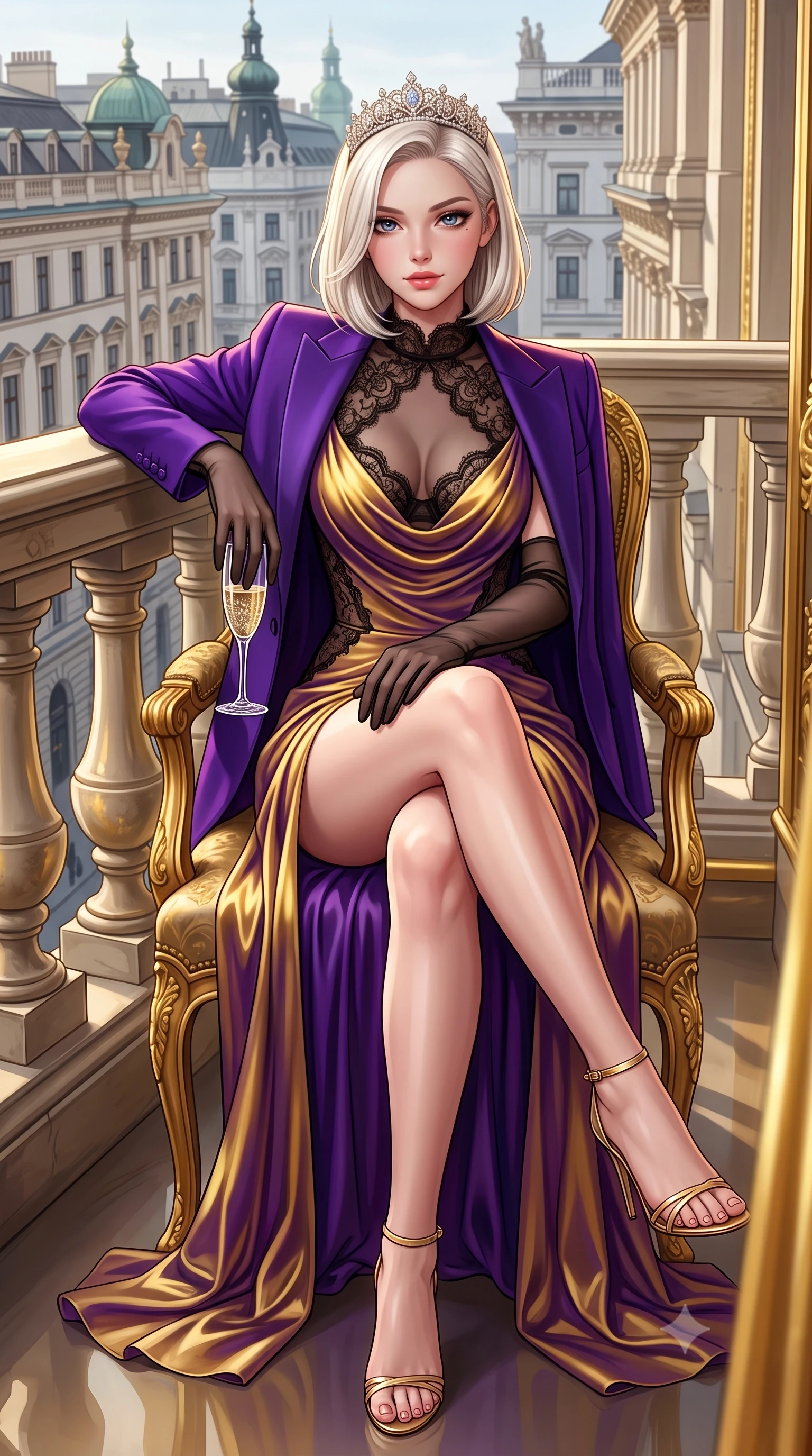 score_9, masterpiece, best quality, ultra-detailed, high-budget anime keyframe, semi-realistic 3D game render, editorial fashion photography, tasteful artistic composition, Caucasian woman. low angle full-body shot from head to toe showing her feet, filling the entire 9:16 vertical frame with her statuesque presence, stretching her vertical silhouette. leaning deep against the balcony balustrade with hips cocked back in an unapologetically alluring high-fashion stance, casting an intoxicating glance while sitting gracefully on the antique gilded armchair with legs crossed, holding a crystal champagne flute with an enchanting, parted-lip smile. The surrounding environment is rendered in vivid detail and crisp panoramic clarity: detailed plunging cowl-neck liquid silk evening gown drape, diamond tiara sparkle, and 19th-century Habsburg architecture in razor-sharp precision. She has an absolutely perfect, statuesque 8.5-heads proportion, an exceptionally tall and slender model-like female figure with impossibly long slender legs, an ultra-slim waist, a flat toned midriff, narrow delicate ribcage, and beautifully sculpted feminine hips creating a graceful, slim hourglass silhouette without any bulky heaviness. sharp v-shaped jawline, high-bridge nose, sparkling eyes with hypnotic seductive depth, thick curled eyelashes, glossy parted lips with a natural dewy peach sheen, alluring bedroom-eyes with an enchanting coquettish smile, exuding magnetic siren charisma and sophisticated glamour, flawlessly proportioned anatomical accuracy, strict slender model proportions, natural body alignment, perfectly sculpted long slender limbs, ultra-slim waistline, clean dynamic posture without body distortion. wearing a delicate sheer French Chantilly lace teddy layered under an open tailored tuxedo blazer draped over bare shoulders in royal amethyst purple and gilded bronze, crafted from fluid liquid silk satin that clings smoothly to every curve with a dewy sheen, complemented by sheer opera-length evening gloves tracing her slender arms, the precision-cut side openings and low-back scoop framing her graceful spine and the sensual sweep of her slim, toned hips. illuminated by gilded railing reflection bounce and sharp royal-gold rim lights sculpting her razor-sharp jawline, narrow waist, and curvy hips. highly saturated vibrant anime colors, detailed shading with soft gradients, rich glossy textures, high-contrast stereoscopic depth, volumetric dynamic lighting, master piece, 9:16 ratio