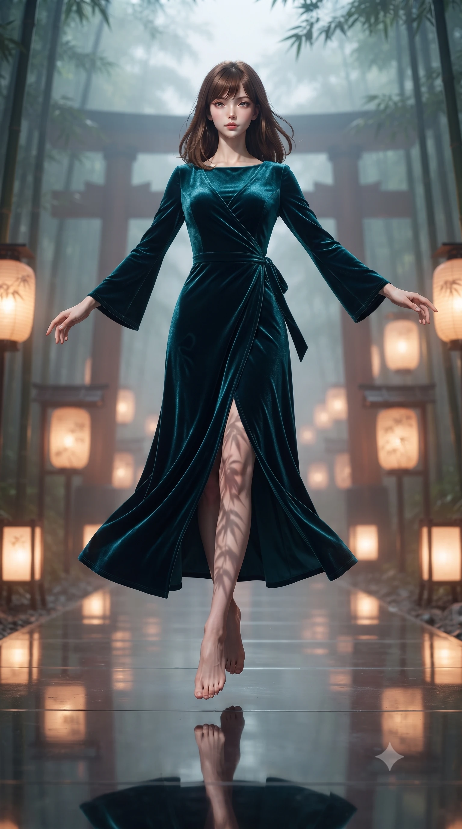 score_9, masterpiece, best quality, ultra-detailed, high-budget anime keyframe, editorial fashion photography, tasteful artistic composition, Korean woman woman. low angle full-body shot from head to toe showing her feet, filling the entire 9:16 vertical frame with her statuesque presence, stretching her vertical silhouette. She has an absolutely perfect, statuesque 8.5-heads proportion, an exceptionally tall and slender model-like female figure with impossibly long slender legs and an ultra-slim waist. mid-air spin above the reflective floor, maintaining an athletic and perfectly balanced poise, flawlessly proportioned anatomical accuracy, natural body alignment, perfectly sculpted elegant limbs, clean dynamic posture without body distortion. set against a soft-focus background of a misty bamboo torii shrine path with glowing paper lanterns. wearing a luxurious velvet wrap gown with long bell sleeves and a modest boat neckline. bathed in warm amber lantern light casting soft organic bamboo leaf stencil shadows. ultra-reflective glossy finish, specular highlights, metallic sheen, high-contrast stereoscopic depth, volumetric dynamic lighting, 2k, ultra detail, master piece, 9:16 ratio