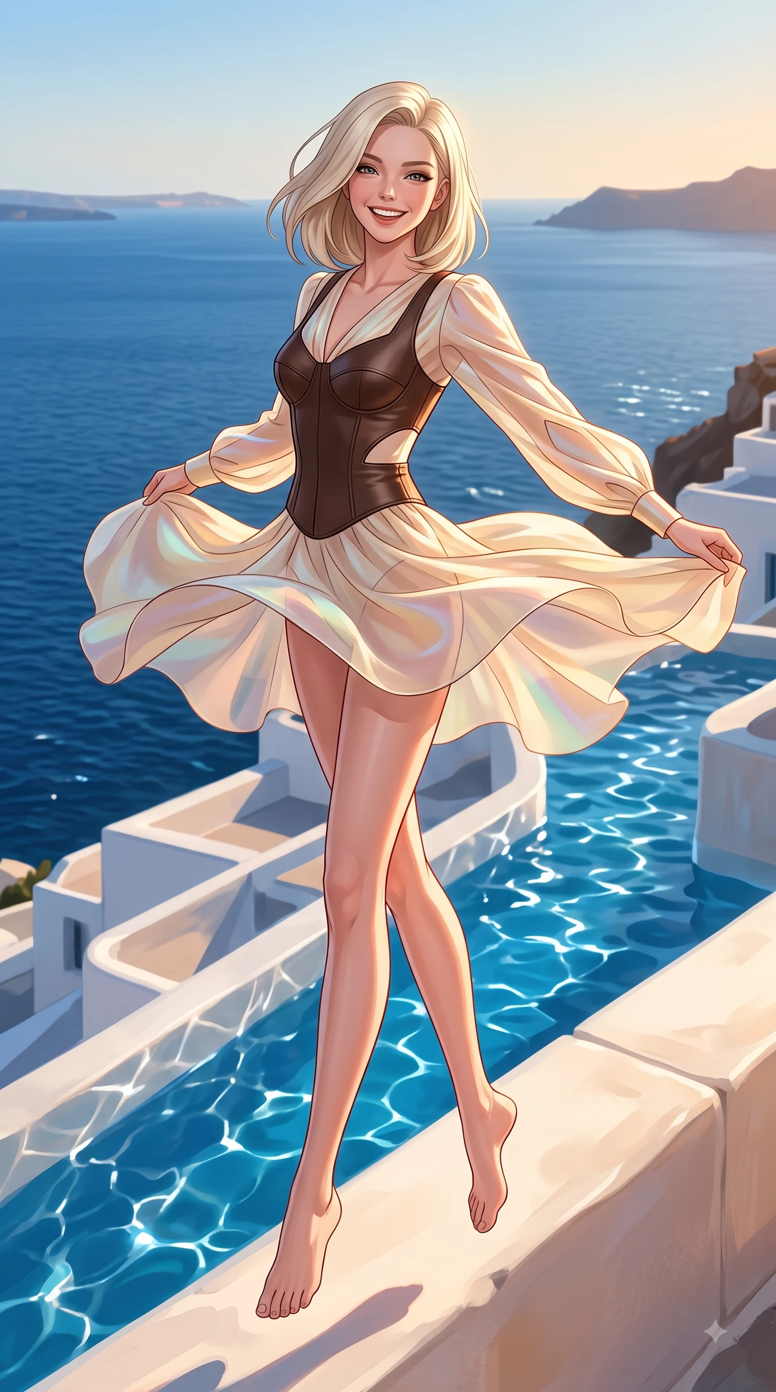 score_9, masterpiece, best quality, ultra-detailed, high-budget anime keyframe, editorial fashion photography, tasteful artistic composition, Caucasian woman. low angle full-body shot from head to toe showing her feet, filling the entire 9:16 vertical frame with her statuesque presence, stretching her vertical silhouette. performing a cheerful mid-air rotation with flawless poise, her radiant smile capturing pure happy energy while stepping cheerfully along a whitewashed stone terrace overlooking the deep blue Aegean sea, glistening water reflections dancing dynamically across whitewashed stone walls. She has an absolutely perfect, statuesque 8.5-heads proportion, an exceptionally tall and slender model-like female figure with impossibly long slender legs and an ultra-slim waist. sharp v-shaped jawline, high-bridge nose, intricate jewel-like eyes with depth, thick eyelashes, glossy lips with a natural sheen, flawlessly proportioned anatomical accuracy, natural body alignment, perfectly sculpted elegant limbs, clean dynamic posture without body distortion. wearing a tailored leather bustier over a sheer silk chiffon blouse in espresso brown and warm cream, crafted from iridescent chiffon that shifts colors in the light, featuring clean architectural cutouts along her slender torso, the sleek second-skin texture accentuating her magnetic presence. illuminated by warm golden sunlight with soft terracotta ambient fill. highly saturated vibrant anime colors, detailed shading with soft gradients, rich glossy textures, high-contrast stereoscopic depth, volumetric dynamic lighting, master piece, 9:16 ratio