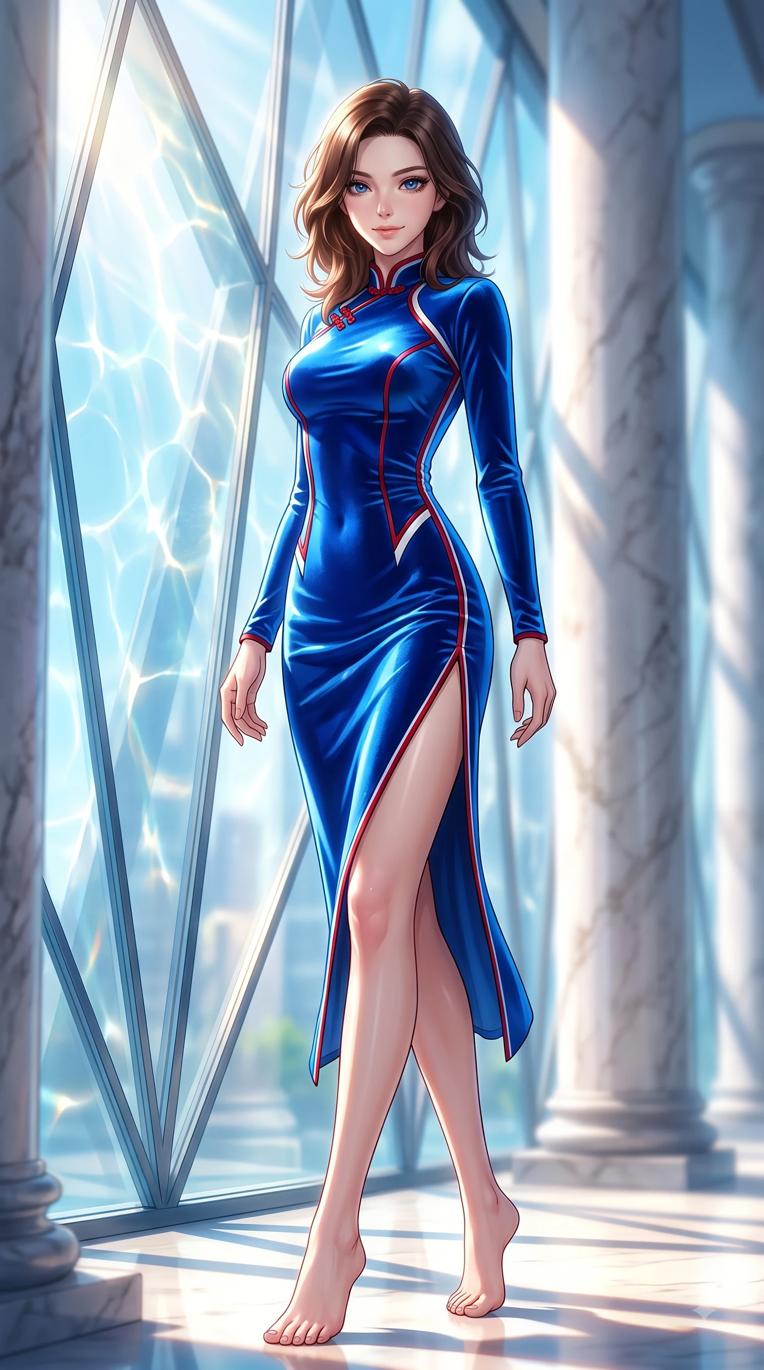 score_9, masterpiece, best quality, ultra-detailed, high-budget anime keyframe, editorial fashion photography, tasteful artistic composition, Korean woman. low angle full-body shot from head to toe showing her feet, filling the entire 9:16 vertical frame with her statuesque presence, stretching her vertical silhouette. Airy, translucent innocence with a soft subtle smile and a clear, pristine gaze into the lens while pivoting dynamically near a towering geometric glass facade with intense sunlight filtering through. The composition keeps background elements in soft focus with dreamy bokeh. sunlit water refractions and marble pillars softened by creamy shallow depth of field. She has an absolutely perfect, statuesque 8.5-heads proportion, an exceptionally tall and slender model-like female figure with impossibly long slender legs and an ultra-slim waist. sharp v-shaped jawline, high-bridge nose, intricate jewel-like eyes with depth, thick eyelashes, glossy lips with a natural sheen, flawlessly proportioned anatomical accuracy, natural body alignment, perfectly sculpted elegant limbs, clean dynamic posture without body distortion. wearing a vivid sapphire blue satin midi dress following her statuesque figure in vibrant crimson red and crisp snow white, made of premium stretch velvet with a rich glossy sheen, finished with a sleek side slit ascending to mid-thigh, the sleek second-skin fit accentuating her magnetic presence. illuminated by polished specular highlights and cool futuristic rim lighting. highly saturated vibrant anime colors, detailed shading with soft gradients, rich glossy textures, high-contrast stereoscopic depth, volumetric dynamic lighting, master piece, 9:16 ratio