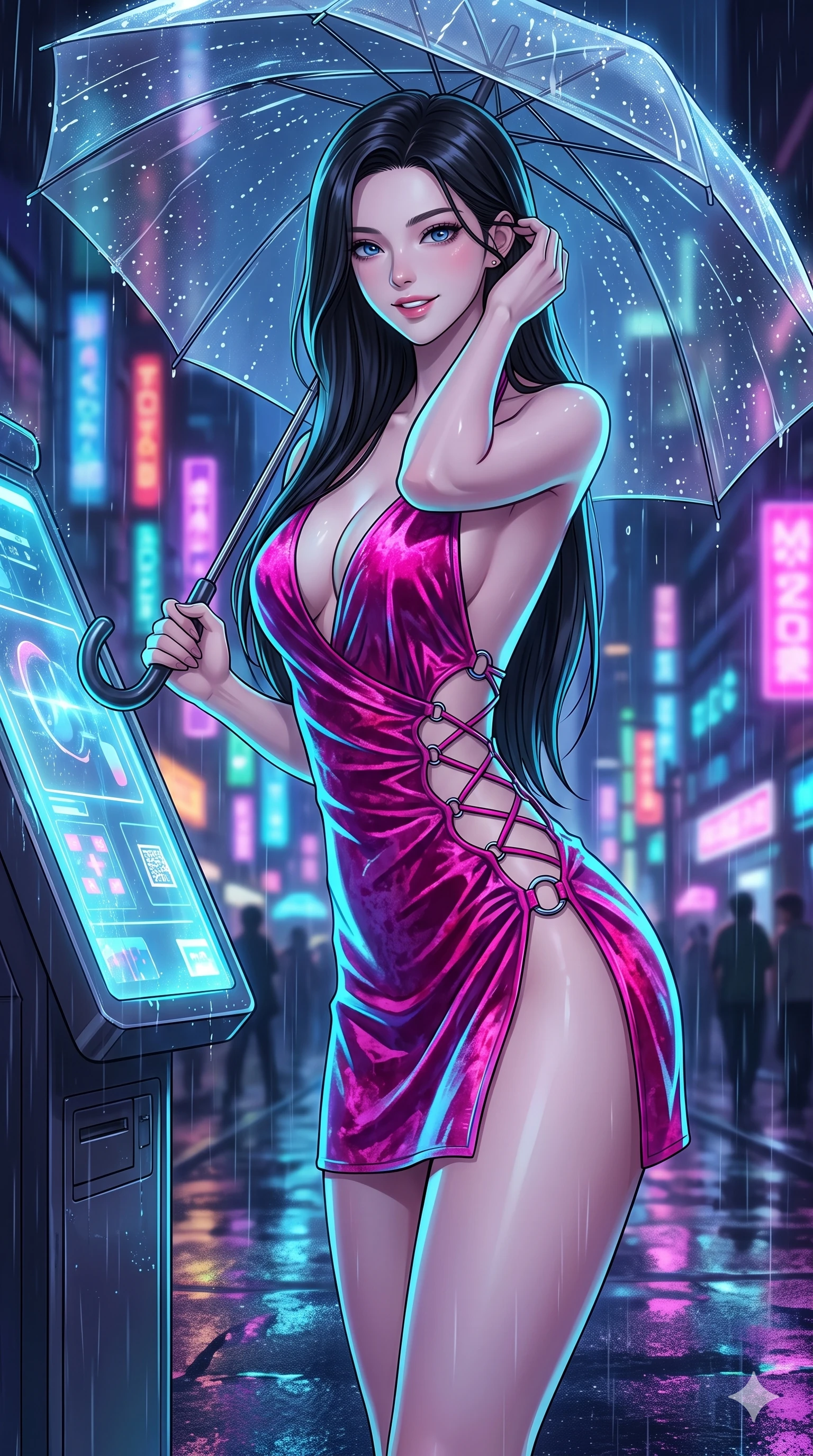 score_9, masterpiece, best quality, ultra-detailed, high-budget anime keyframe, editorial fashion photography, tasteful artistic composition, Korean woman. close-up cowboy shot from the waist and thighs up, the character dominates the composition, filling the frame with her large presence. gently brushing a lock of hair behind her ear while casting a playful, flirtatious side-gaze with long eyelashes while leaning against the glowing smart-glass kiosk with hips cocked back, gazing through the rain-streaked umbrella canopy with smoldering bedroom-eyes. The surrounding environment is rendered in vivid detail and crisp panoramic clarity: detailed bespoke fashion tailoring, high-gloss patent leather sheen, and dense futuristic megalopolis architecture in razor-sharp precision. She has an exceptionally elegant, slender, and willowy female figure with an ultra-slim waist, flat toned midriff, narrow ribcage, and sculpted feminine hips creating an alluring, slim hourglass silhouette without bulk. sharp v-shaped jawline, high-bridge nose, intricate jewel-like sparkling eyes with depth, thick eyelashes, glossy parted lips with a natural peach sheen, bright cheerful beaming smile with an enchanting and coquettish sensual glint, exuding both youthful cute charm and seductive allure, flawlessly proportioned anatomical accuracy, strict slender model proportions, natural body alignment, perfectly sculpted long slender limbs, ultra-slim waistline, clean dynamic posture without body distortion. wearing a backless crushed velvet mini dress with a deep plunging neckline and hip-high thigh slit in Neo-Shinjuku neon magenta and electric cyan, adorned with delicate chrome ring hardware and cutouts along her slender waist, featuring fine criss-cross lace-up side ties revealing tantalizing glimpses of her hip curve, the bespoke structured tailoring following the natural line of her 8.5-heads silhouette with refined elegance. illuminated by wet asphalt reflection bounce and sharp laser-cyan rim lights sculpting her razor-sharp jawline, narrow waist, and curvy hips. ultra-reflective glossy finish, specular highlights, rich textural contrasts, high-contrast stereoscopic depth, volumetric dynamic lighting, 2k, ultra detail, master piece, 9:16 ratio