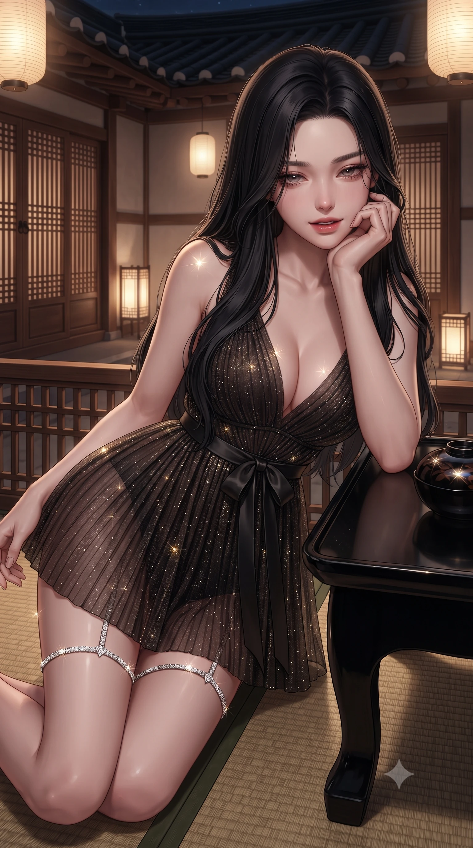score_9, masterpiece, best quality, ultra-detailed, high-budget anime keyframe, editorial fashion photography, tasteful artistic composition, Korean woman. close-up cowboy shot from the waist and thighs up, the character dominates the composition, filling the frame with her large presence. resting one elbow on the table and supporting her chin, leaning close to the camera with heavy-lidded sparkling eyes and parted lips while leaning against the low lacquered wooden veranda railing with hips cocked back, looking into the private inner courtyard with smoldering bedroom-eyes. The surrounding environment is rendered in vivid detail and crisp panoramic clarity: sharp woven igusa tatami straw texture, black urushi lacquer table gloss, and fine wood latticework in deep focus. She has an exceptionally elegant, slender, and willowy female figure with an ultra-slim waist, flat toned midriff, narrow ribcage, and sculpted feminine hips creating an alluring, slim hourglass silhouette without bulk. sharp v-shaped jawline, high-bridge nose, intricate jewel-like sparkling eyes with depth, thick eyelashes, glossy parted lips with a natural peach sheen, bright cheerful beaming smile with an enchanting and coquettish sensual glint, exuding both youthful cute charm and seductive allure, flawlessly proportioned anatomical accuracy, strict slender model proportions, natural body alignment, perfectly sculpted long slender limbs, ultra-slim waistline, clean dynamic posture without body distortion. wearing a sheer pleated chiffon baby-doll dress with a plunging sweetheart neckline and satin ribbon waist tie in Cheongdam modern noir black and molten gold, woven from stretch metallic lurex jersey casting radiant starlight glints across her curves, finished with delicate crystal-encrusted thigh garter straps glinting in the dim light, the high-slit wrap tailoring accentuating her ultra-slim waistline and the enchanting curve of her feminine hips with alluring seductive charm. bathed in the soft, intimate 2200K ambient illumination of traditional washi paper lanterns and floor-standing andon lights. ultra-reflective glossy finish, specular highlights, rich textural contrasts, high-contrast stereoscopic depth, volumetric dynamic lighting, 2k, ultra detail, master piece, 9:16 ratio