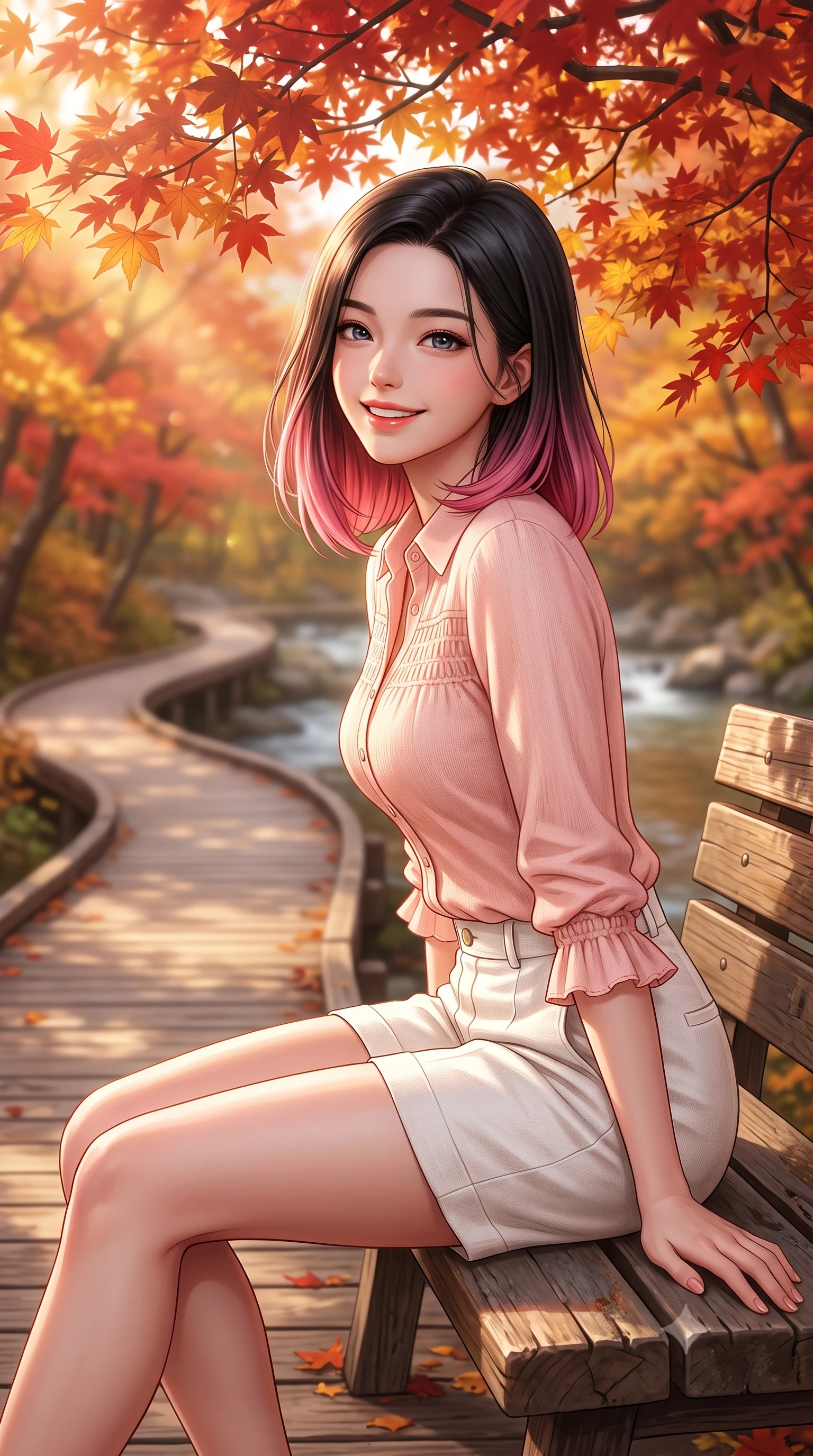 score_9, masterpiece, best quality, ultra-detailed, high-budget anime keyframe, semi-realistic 3D game render, editorial fashion photography, tasteful artistic composition, Korean woman. close-up cowboy shot from the waist and thighs up, the character dominates the composition, filling the frame with her large presence. smiling warmly with slightly parted glossy lips and a lovely expression, her upper body turning dynamically toward the camera while sitting on a rustic park bench under an arch of fiery crimson maple branches, smiling cozily into the lens. The composition keeps background elements in soft focus with creamy bokeh. curving wooden boardwalks and tranquil mountain streams softened by warm shallow depth of field. She has an exceptionally elegant, slender, and willowy female figure with an ultra-slim waist, a gracefully sculpted slender torso, toned flat midriff, and a refined slim silhouette. sharp v-shaped jawline, high-bridge nose, intricate jewel-like eyes with depth, thick eyelashes, glossy lips with a natural sheen, pure and lovely fresh girlhood expression, flawlessly proportioned anatomical accuracy, strict slender model proportions, natural body alignment, perfectly sculpted long slender limbs, ultra-slim waistline, clean dynamic posture without body distortion. wearing a lightweight pastel linen button-down shirt paired with tailored high-rise white Bermuda shorts in warm peach blossom pink and champagne ivory, knitted from ultra-soft cozy baby-cashmere yarn, accented with soft smocked elastic details and ruffled cuff trims, the body-hugging lightweight knit clinging delicately to her slender torso, accentuating her graceful neck and feminine lines. bathed in warm amber afternoon autumn sunlight filtering through glowing red and gold canopies. highly saturated vibrant anime colors, detailed shading with soft gradients, rich glossy textures, high-contrast stereoscopic depth, volumetric dynamic lighting, master piece, 9:16 ratio