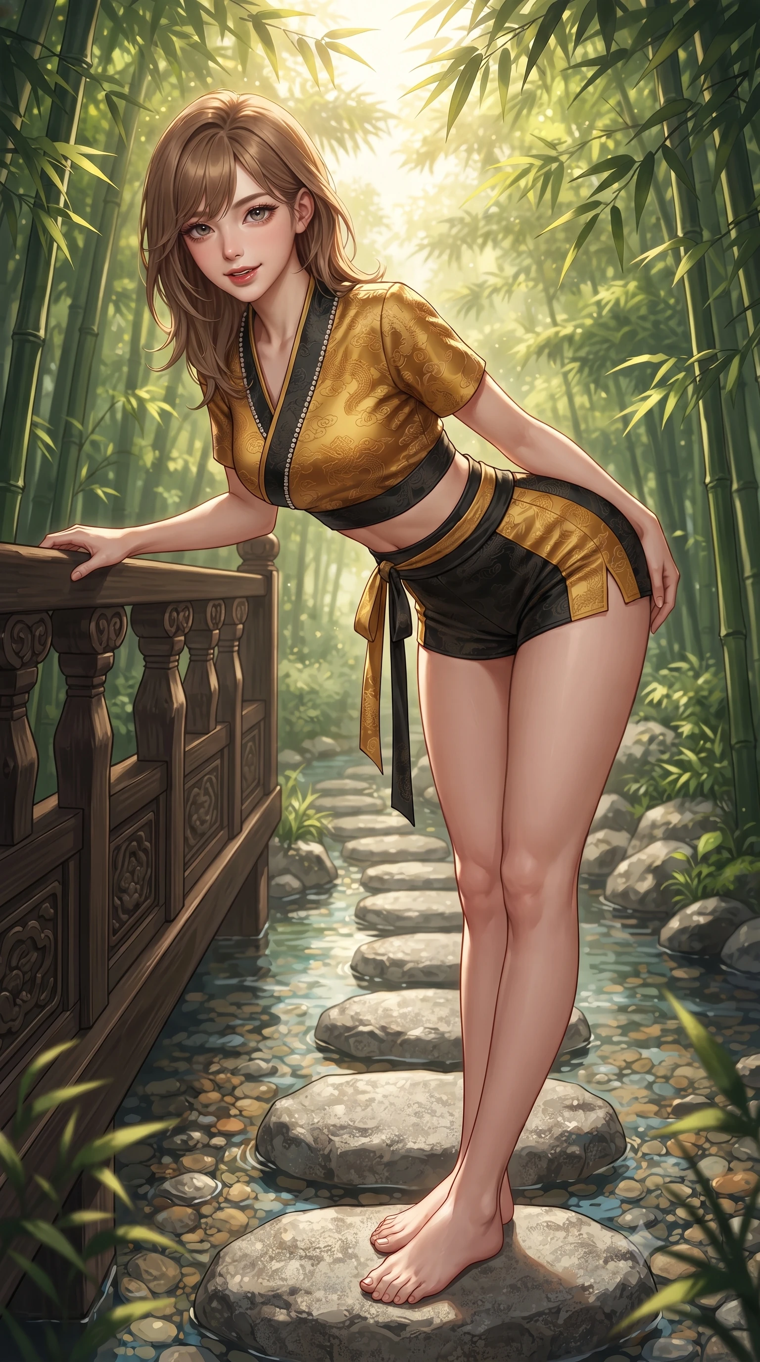 score_9, masterpiece, best quality, ultra-detailed, high-budget anime keyframe, editorial fashion photography, tasteful artistic composition, Korean woman. close-up cowboy shot from the waist and thighs up, the character dominates the composition, filling the frame with her large presence. leaning forward over the carved veranda balustrade while arching her lower back to accentuate her curvy hips, looking into the camera with an enchanting coquettish smile and bedroom-eyes while standing barefoot on smooth granite stepping stones across a crystal mountain brook, arching her back with a playful, joyful smile. The surrounding environment is rendered in vivid detail and crisp panoramic clarity: sharp granite stone texture, crystal-clear stream pebble clarity, and smooth bamboo stalk surfaces in deep focus. She has an exceptionally elegant, slender, and willowy female figure with an ultra-slim waist, flat toned midriff, narrow ribcage, and sculpted feminine hips creating an alluring, slim hourglass silhouette without bulk. sharp v-shaped jawline, high-bridge nose, intricate jewel-like dark sparkling almond eyes with depth, thick lashes, glossy parted lips with a natural rose-plum sheen, bright alluring and coquettish smile with bedroom-eyes, exuding both timeless oriental elegance and sovereign high-fashion allure, flawlessly proportioned anatomical accuracy, strict slender model proportions, natural body alignment, perfectly sculpted long slender limbs, ultra-slim waistline, clean dynamic posture without body distortion. wearing a modern tailored martial-arts-inspired wrap crop top paired with skin-tight high-cut combat shorts and silk sashes in antique saffron gold and ebony black, made of rich jacquard silk with intricate embossed dragon and cloud motifs, finished with subtle crystal rhinestones tracing the elegant neckline, the form-fitting tailored bodice adhering flawlessly to her sculpted flat midriff and slender torso, emphasizing her long leg lines and perfectly proportioned willowy build. bathed in dappled golden morning sunbeams filtering through dense green bamboo leaves. ultra-reflective glossy finish, specular highlights, rich textural contrasts, high-contrast stereoscopic depth, volumetric dynamic lighting, 2k, ultra detail, master piece, 9:16 ratio