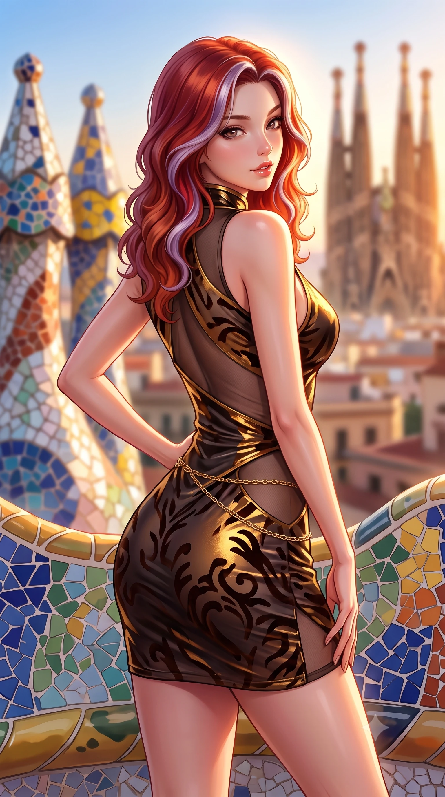 score_9, masterpiece, best quality, ultra-detailed, high-budget anime keyframe, semi-realistic 3D game render, editorial fashion photography, tasteful artistic composition, Caucasian woman. close-up cowboy shot from the waist and thighs up, the character dominates the composition, filling the frame with her large presence. posing in an alluring rear three-quarter angle, arching her lower back in a pronounced S-curve with one hand on her hip, glancing seductively over her bare shoulder with parted glossy lips while perching on an undulating trencadís tile parapet overlooking the Barcelona skyline, looking over her bare shoulder with a playful, alluring smile. The composition keeps background elements in soft focus with creamy bokeh. whimsical mosaic chimney spires and distant Sagrada Familia towers blurred into cobalt, sunflower yellow, and terracotta bokeh. She has an exceptionally elegant, slender, and willowy female figure with an ultra-slim waist, flat toned midriff, narrow ribcage, and sculpted feminine hips creating an alluring, slim hourglass silhouette without bulk. sharp v-shaped jawline, high-bridge nose, intricate jewel-like eyes with depth, thick eyelashes, glossy parted lips with a natural sheen, intensely captivating and seductive bedroom-eyes expression, flawlessly proportioned anatomical accuracy, strict slender model proportions, natural body alignment, perfectly sculpted long slender limbs, ultra-slim waistline, clean dynamic posture without body distortion. wearing a wet-look silk fusion wrap dress with asymmetrical sheer mesh cutouts and high Mandarin collar in dark espresso brown and molten gold foil, made of sheer contouring power-mesh with velvet flocking patterns, accented with a delicate gold chain belt resting loosely on her curvy hips, the form-contouring material adhering flawlessly to her sculpted flat midriff and slender torso, emphasizing her long leg lines and perfectly proportioned willowy build. bathed in glorious golden hour Mediterranean sunset backlighting and warm terracotta tile bounce fill. highly saturated vibrant anime colors, detailed shading with soft gradients, rich glossy textures, high-contrast stereoscopic depth, volumetric dynamic lighting, master piece, 9:16 ratio