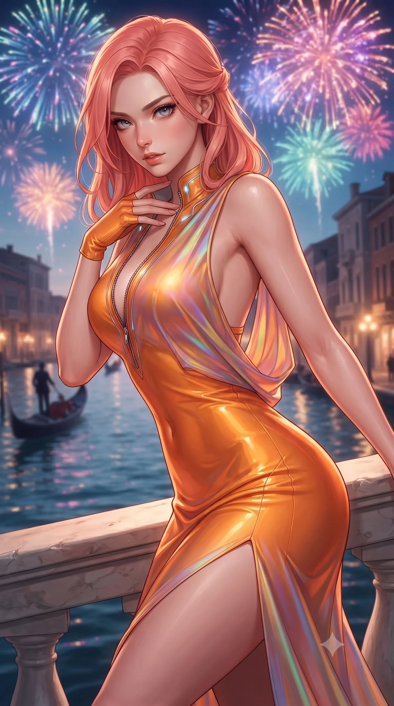 score_9, masterpiece, best quality, ultra-detailed, high-budget anime keyframe, editorial fashion photography, tasteful artistic composition, Japanese woman. close-up cowboy shot from the waist and thighs up, the character dominates the composition, filling the frame with her large presence. leaning forward with a dangerous, enticing smolder, resting one hand near her collarbone while casting a fiery, magnetic direct gaze while pivoting dynamically on an ancient marble canal bridge as evening carnival fireworks burst in brilliant colors above. The composition keeps background elements in soft focus with creamy bokeh. rippling canal waters and distant gondola silhouettes softened by shallow cinematic depth of field. She has an exceptionally elegant, slender, and willowy female figure with an ultra-slim waist, a gracefully sculpted slender torso, toned flat midriff, and a refined slim silhouette. sharp v-shaped jawline, high-bridge nose, intricate jewel-like eyes with depth, thick eyelashes, glossy lips with a natural sheen, flawlessly proportioned anatomical accuracy, strict slender model proportions, natural body alignment, perfectly sculpted long slender limbs, ultra-slim waistline, clean dynamic posture without body distortion. wearing a precision-fitted liquid jersey bodycon dress with a dramatic draped cowl back that swoops down to her waist and a high side slit in vivid sunset amber orange and cloud white, made of smooth iridescent silk chiffon that shifts colors with movement, featuring a dangerously unzipped neckline framed by glowing cybernetic accents, the glove-like aerodynamic second-skin fit tightly clinging to her ultra-slender waist and athletic curves without adding bulk, accentuating her razor-sharp statuesque lines and slim hourglass silhouette. surrounded by an opulent, mysterious, and intensely seductive Venetian aristocracy aura. ultra-reflective glossy finish, specular highlights, metallic sheen, high-contrast stereoscopic depth, volumetric dynamic lighting, 2k, ultra detail, master piece, 9:16 ratio