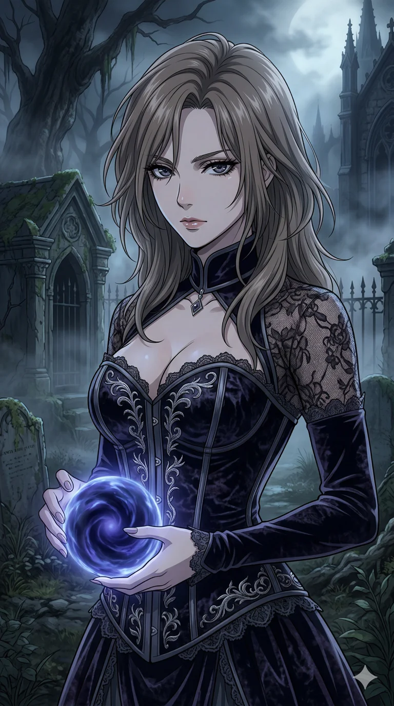 score_9, masterpiece, best quality, ultra-detailed, semi-realistic high-budget anime keyframe, an incredibly beautiful Japanese woman. Medium shot of upper body filling more than half of the frame. She has an absolutely perfect 8-heads proportion, an exceptionally tall female figure with a delicate skinny figure. Her face is a highly detailed masterpiece featuring a v-shaped jawline, high-bridge nose, intricate jewel-like eyes, thick eyelashes, and glossy lips. She has ash brown flowing hair. She is holding a magical orb, wearing an extremely tight velvet necromancer corset with translucent lace sleeves, sensual collarbones, highlighting her alluring silhouette. Dark gothic graveyard, cinematic moonlight, dramatic volumetric fog, 2k, ultra detail, master piece, 9:16 ratio
