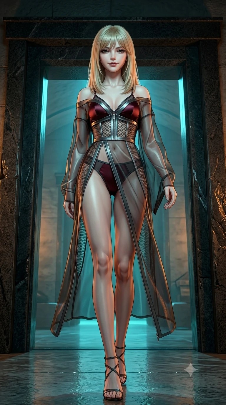 score_9, masterpiece, best quality, ultra-detailed, high-budget anime keyframe, semi-realistic 3D game render, editorial fashion photography, tasteful artistic composition, Japanese woman. low angle full-body shot from head to toe showing her feet, filling the entire 9:16 vertical frame with her statuesque presence, stretching her vertical silhouette. stepping forward into the sharp laser beam, her long slender legs and curvy hips creating a sweeping vertical line while leaning against the monumental black granite crypt portal with hips cocked back, looking through dark wet eyelashes with an enchanting siren smile. The surrounding environment is rendered in vivid detail and crisp panoramic clarity: detailed sheer-illusion nanotech lace bodysuit cling, metallic foil flocking, and monumental underground architecture in razor-sharp clarity. She has an absolutely perfect, statuesque 8.5-heads proportion, an exceptionally tall and slender model-like female figure with impossibly long slender legs, an ultra-slim waist, a flat toned midriff, narrow delicate ribcage, and beautifully sculpted feminine hips creating a graceful, slim hourglass silhouette without any bulky heaviness. sharp v-shaped jawline, high-bridge nose, intricate jewel-like dark sparkling eyes with hypnotic seductive depth, thick curled eyelashes, glossy parted lips with a natural wine sheen, alluring bedroom-eyes with an enigmatic smoldering smile, exuding magnetic sovereign charisma and dark avant-garde glamour, flawlessly proportioned anatomical accuracy, strict slender model proportions, natural body alignment, perfectly sculpted long slender limbs, ultra-slim waistline, clean dynamic posture without body distortion. wearing a sheer gossamer organza evening kimono slipping off bare shoulders over a matching satin micro-bralette and briefs in deep crimson burgundy and matte charcoal, made of delicate semi-sheer nanotech mesh with airy hexagonal open-weaves, finished with metallic silver boning and sleek zipper points, the high-slit wrap tailoring accentuating her ultra-slim waistline and the enchanting curve of her feminine hips with alluring seductive charm. illuminated by polished floor bounce and sharp cyan-amber rim lights defining her razor-sharp jawline, narrow waist, and curvy hips. highly saturated vibrant anime colors, detailed shading with soft gradients, rich glossy textures, high-contrast stereoscopic depth, volumetric dynamic lighting, master piece, 9:16 ratio