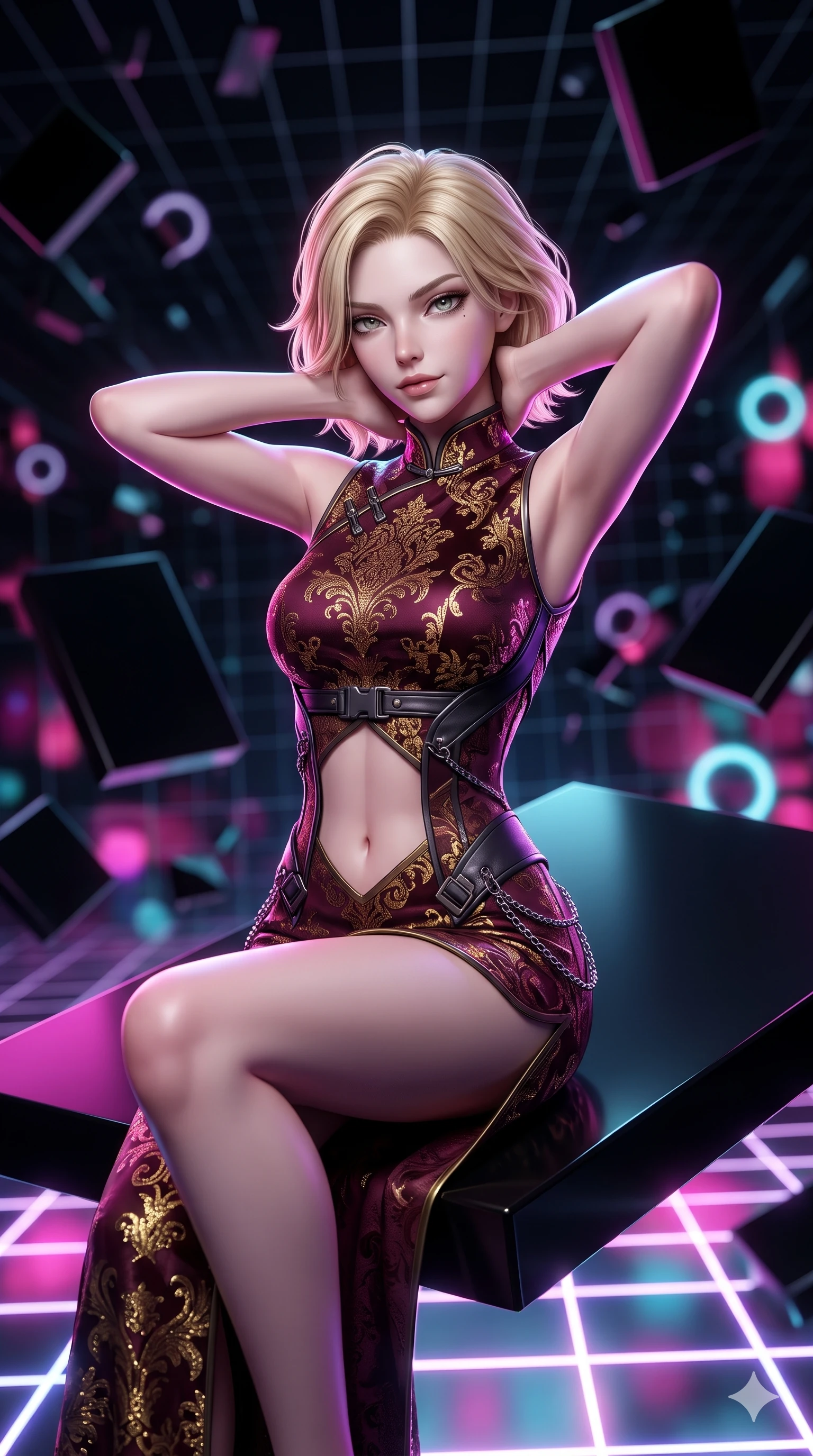 score_9, masterpiece, best quality, ultra-detailed, high-budget anime keyframe, semi-realistic 3D game render, editorial fashion photography, tasteful artistic composition, Caucasian woman. close-up cowboy shot from the waist and thighs up, the character dominates the composition, filling the frame with her large presence. resting both hands lightly behind her neck with elbows raised, arching her spine to highlight her narrow waist and flat midriff while perched on the corner of the polished black slab with one knee drawn up, looking down into the digital abyss with fearless bedroom-eyes. The background shows a soft-focus tumbling obsidian geometric slabs, endless deep-space perspective grid lines, and glowing neon ring nodes blurred into magenta, cyan, and pitch-black bokeh. She has an exceptionally elegant, slender, and willowy female figure with an ultra-slim waist, flat toned midriff, narrow ribcage, and sculpted feminine hips creating an alluring, slim hourglass silhouette without bulk. sharp v-shaped jawline, high-bridge nose, intricate jewel-like dark sparkling eyes with hypnotic seductive depth, thick curled eyelashes, glossy parted lips with a natural wine sheen, alluring bedroom-eyes with an enigmatic smoldering smile, exuding magnetic sovereign charisma and dark avant-garde glamour, flawlessly proportioned anatomical accuracy, strict slender model proportions, natural body alignment, perfectly sculpted long slender limbs, ultra-slim waistline, clean dynamic posture without body distortion. wearing a structured obsidian brocade evening dress with high mandarin collar in deep wine burgundy and lustrous gold foil, tailored from rich silk jacquard with subtle embossed baroque patterns, framed by dark titanium buckles and silver chain details, the bespoke structured tailoring following the natural line of her 8.5-heads silhouette with refined elegance. illuminated by floating neon grid upward bounce and sharp ultraviolet rim lights defining her razor-sharp jawline, narrow waist, and curvy hips. highly saturated vibrant anime colors, detailed shading with soft gradients, rich glossy textures, high-contrast stereoscopic depth, volumetric dynamic lighting, master piece, 9:16 ratio