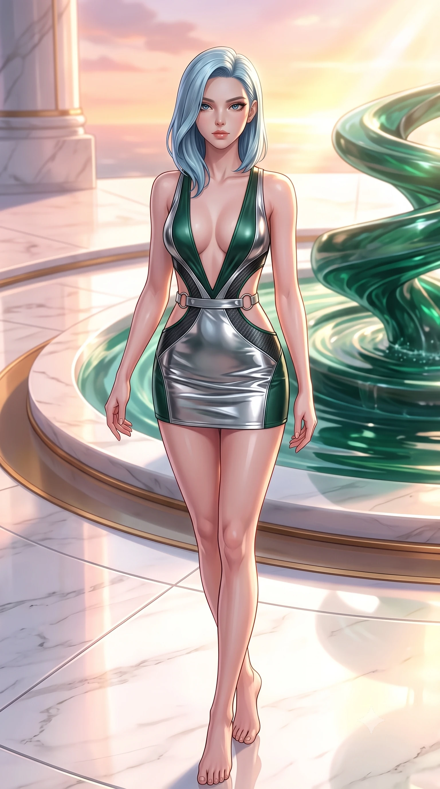 score_9, masterpiece, best quality, ultra-detailed, high-budget anime keyframe, editorial fashion photography, tasteful artistic composition, Korean woman. low angle full-body shot from head to toe showing her feet, filling the entire 9:16 vertical frame with her statuesque presence, stretching her vertical silhouette. pivoting dynamically in zero-gravity with fluid body alignment, displaying her perfect model proportions while pivoting dynamically near an emerald spiral fountain in a sunlit sky garden, soft rose-gold and amber sunset light reflecting off polished white marble. She has an absolutely perfect, statuesque 8.5-heads proportion, an exceptionally tall and slender model-like female figure with impossibly long slender legs and an ultra-slim waist. sharp v-shaped jawline, high-bridge nose, intricate jewel-like eyes with depth, thick eyelashes, glossy lips with a natural sheen, flawlessly proportioned anatomical accuracy, natural body alignment, perfectly sculpted elegant limbs, clean dynamic posture without body distortion. wearing a liquid mercury gloss mini dress with ultra-deep V-neck and waist cutouts in deep emerald green and silver accent, made of fine carbon-fiber weave and soft matte leather, accented with delicate chrome ring hardware framing her waist, the sleek second-skin texture accentuating her magnetic presence. surrounded by a bright, luxurious aura of warm sunshine and sky reflections. highly saturated vibrant anime colors, detailed shading with soft gradients, rich glossy textures, high-contrast stereoscopic depth, volumetric dynamic lighting, master piece, 9:16 ratio