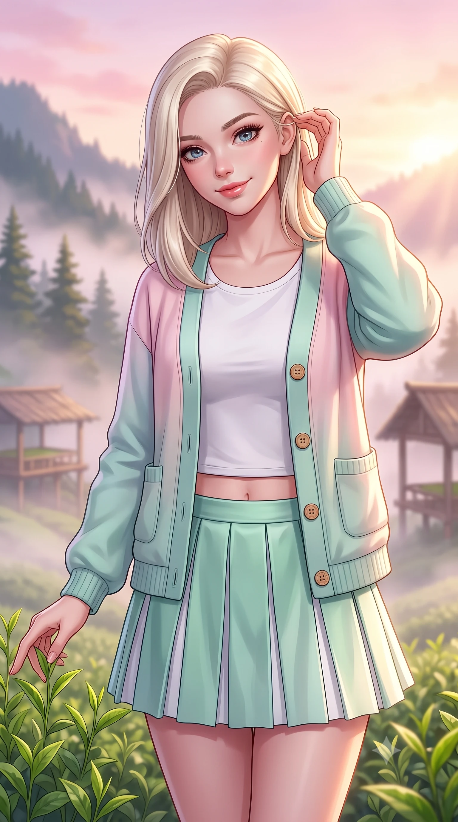 score_9, masterpiece, best quality, ultra-detailed, high-budget anime keyframe, semi-realistic 3D game render, editorial fashion photography, tasteful artistic composition, Caucasian woman. close-up cowboy shot from the waist and thighs up, the character dominates the composition, filling the frame with her large presence. tilting her head with a cute, youthful grin while brushing a stray strand of hair behind her ear with slender fingers while gently touching tender fresh green tea shoots with a bright, refreshed morning smile into the camera. The composition keeps background elements in soft focus with creamy bokeh. distant pine-covered mountain peaks and rustic tea drying pavilions softened in atmospheric depth. She has an exceptionally elegant, slender, and willowy female figure with an ultra-slim waist, a gracefully sculpted slender torso, toned flat midriff, and a refined slim silhouette. sharp v-shaped jawline, high-bridge nose, intricate jewel-like eyes with depth, thick eyelashes, glossy lips with a natural sheen, pure and lovely fresh girlhood expression, flawlessly proportioned anatomical accuracy, strict slender model proportions, natural body alignment, perfectly sculpted long slender limbs, ultra-slim waistline, clean dynamic posture without body distortion. wearing a chic pastel varsity cardigan over a simple white scoop-neck tee and a pleated mini skirt in refreshing mint green and crisp sea-salt white, crafted from smooth fluid silk satin with a natural gentle sheen, finished with neat natural wooden buttons and patch pocket details, the chic real-way fashion cut emphasizing her effortless charm, flat midriff, and slender model proportions. bathed in soft pastel pink and golden dawn sunrise light breaking through rolling morning mist. highly saturated vibrant anime colors, detailed shading with soft gradients, rich glossy textures, high-contrast stereoscopic depth, volumetric dynamic lighting, master piece, 9:16 ratio