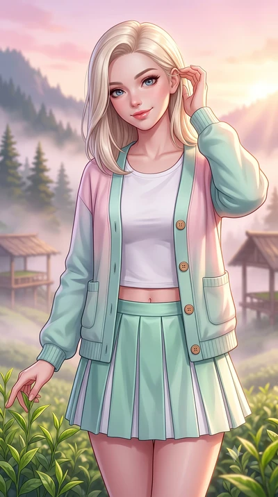 score_9, masterpiece, best quality, ultra-detailed, high-budget anime keyframe, semi-realistic 3D game render, editorial fashion photography, tasteful artistic composition, Caucasian woman. close-up cowboy shot from the waist and thighs up, the chara