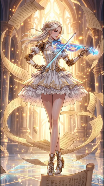 A cinematic 8-second video. An anime girl with long blonde hair and intricate white mechanical armor dress plays a luminous blue energy violin. Her movements are graceful and fluid as she draws the bow. Floating ancient parchment scrolls swirl gently