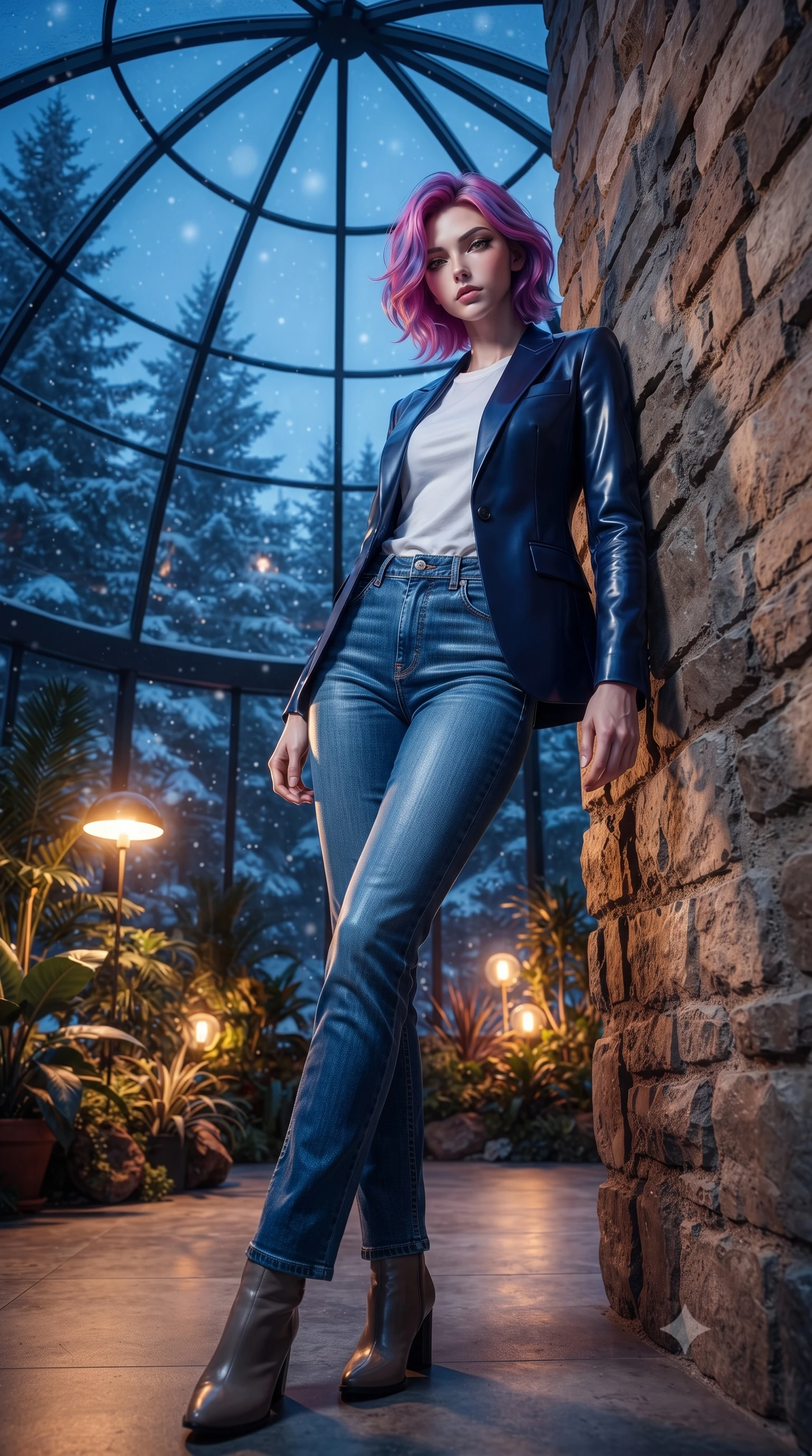 score_9, masterpiece, best quality, ultra-detailed, high-budget anime keyframe, editorial fashion photography, tasteful artistic composition, Caucasian woman. low angle full-body shot from head to toe showing her feet, filling the entire 9:16 vertical frame with her statuesque presence, stretching her vertical silhouette. leaning back against a rustic stone wall, casting a slow, alluring gaze at the camera the background shows a soft-focus a glass dome garden facing snowy pine woods during a soft snowfall at twilight. She has an absolutely perfect, statuesque 8.5-heads proportion, an exceptionally tall and slender model-like female figure with impossibly long slender legs and an ultra-slim waist. sharp v-shaped jawline, high-bridge nose, intricate jewel-like eyes with depth, thick eyelashes, glossy lips with a natural sheen. wearing a form-contouring classic navy blue blazer over a white crewneck shirt and straight-leg blue jeans. cool blue twilight sky glow contrasting with warm interior floor lamps. ultra-reflective glossy finish, specular highlights, metallic sheen, high-contrast stereoscopic depth, volumetric dynamic lighting, 2k, ultra detail, master piece, 9:16 ratio