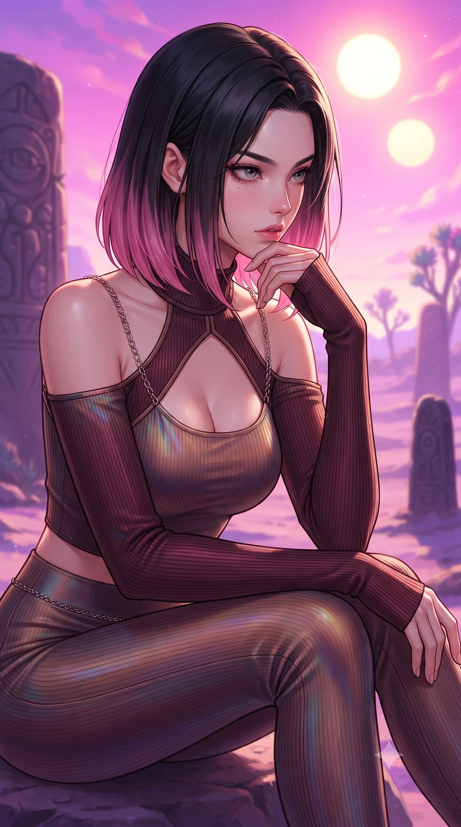 score_9, masterpiece, best quality, ultra-detailed, high-budget anime keyframe, editorial fashion photography, tasteful artistic composition, Korean woman. close-up cowboy shot from the waist and thighs up, the character dominates the composition, filling the frame with her large presence, background elements kept in soft focus. Resting her chin on the backs of her fingers, casting a sharp, mysterious gaze resting on a carved obsidian monument in a surreal desert sanctuary, twin suns casting dramatic dual shadows across the violet desert landscape. She has an exceptionally elegant, slender, and willowy female figure with an ultra-slim waist, a gracefully sculpted slender torso, and a refined silhouette. sharp v-shaped jawline, high-bridge nose, intricate jewel-like eyes with depth, thick eyelashes, glossy lips with a natural sheen. wearing a form-fitting ribbed activewear set with collar cutouts in deep burgundy and bronze, crafted from iridescent chiffon that shifts colors in the light, adorned with delicate metallic chain straps along the neckline, the glove-like fit emphasizing her statuesque silhouette. bathed in radiant magenta and gold sky glow with sharp mineral speculars. highly saturated vibrant anime colors, detailed shading with soft gradients, rich glossy textures, high-contrast stereoscopic depth, volumetric dynamic lighting, master piece, 9:16 ratio