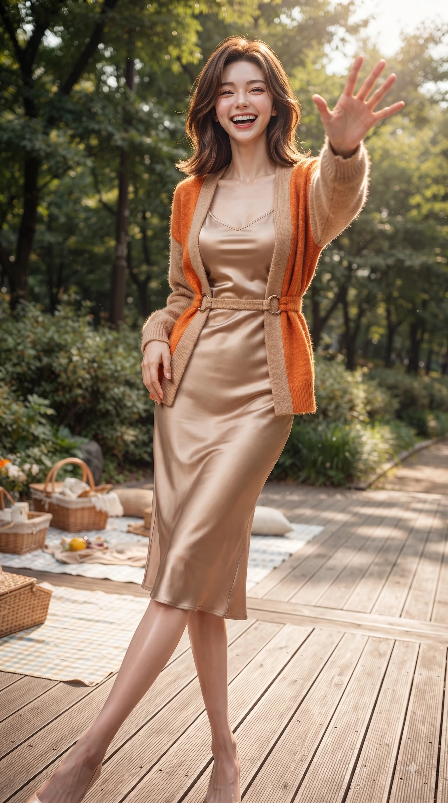 score_9, masterpiece, best quality, ultra-detailed, high-budget anime keyframe, editorial fashion photography, tasteful artistic composition, Korean woman. low angle full-body shot from head to toe showing her feet, filling the entire 9:16 vertical frame with her statuesque presence, stretching her vertical silhouette. pivoting dynamically with a fresh infectious smile, her ultra-slim waist creating a sweeping fluid curve while reaching one hand out playfully toward the camera with a joyful, beaming smile. The surrounding environment is rendered in vivid detail and crisp panoramic clarity. lush picnic mat setups, park foliage, and wooden promenade planks rendered in deep focus. She has an absolutely perfect, statuesque 8.5-heads proportion, an exceptionally tall and slender model-like female figure with impossibly long slender legs and an ultra-slim waist. sharp v-shaped jawline, high-bridge nose, intricate jewel-like eyes with depth, thick eyelashes, glossy lips with a natural sheen, flawlessly proportioned anatomical accuracy, natural body alignment, perfectly sculpted elegant limbs, clean dynamic posture without body distortion. wearing a glossy satin slip dress layered under a soft cashmere cardigan in bright burnt orange and warm beige, knitted from soft cozy cashmere yarn, accented with subtle metallic ring hardware framing her waist, the form-contouring material highlighting her ultra-slim waist and long lines. surrounded by a serene, uplifting, and romantic park ambiance. ultra-reflective glossy finish, specular highlights, metallic sheen, high-contrast stereoscopic depth, volumetric dynamic lighting, 2k, ultra detail, master piece, 9:16 ratio