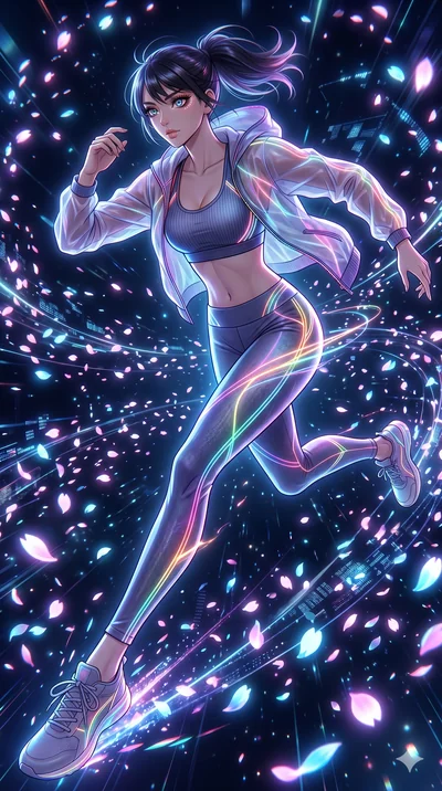 score_9, masterpiece, best quality, ultra-detailed, Set A: High-budget Anime Keyframe, Japanese woman. Low angle cowboy shot filling the entire 9:16 frame with her statuesque presence. Leaping through a virtual reality void, while her eyes glow with 