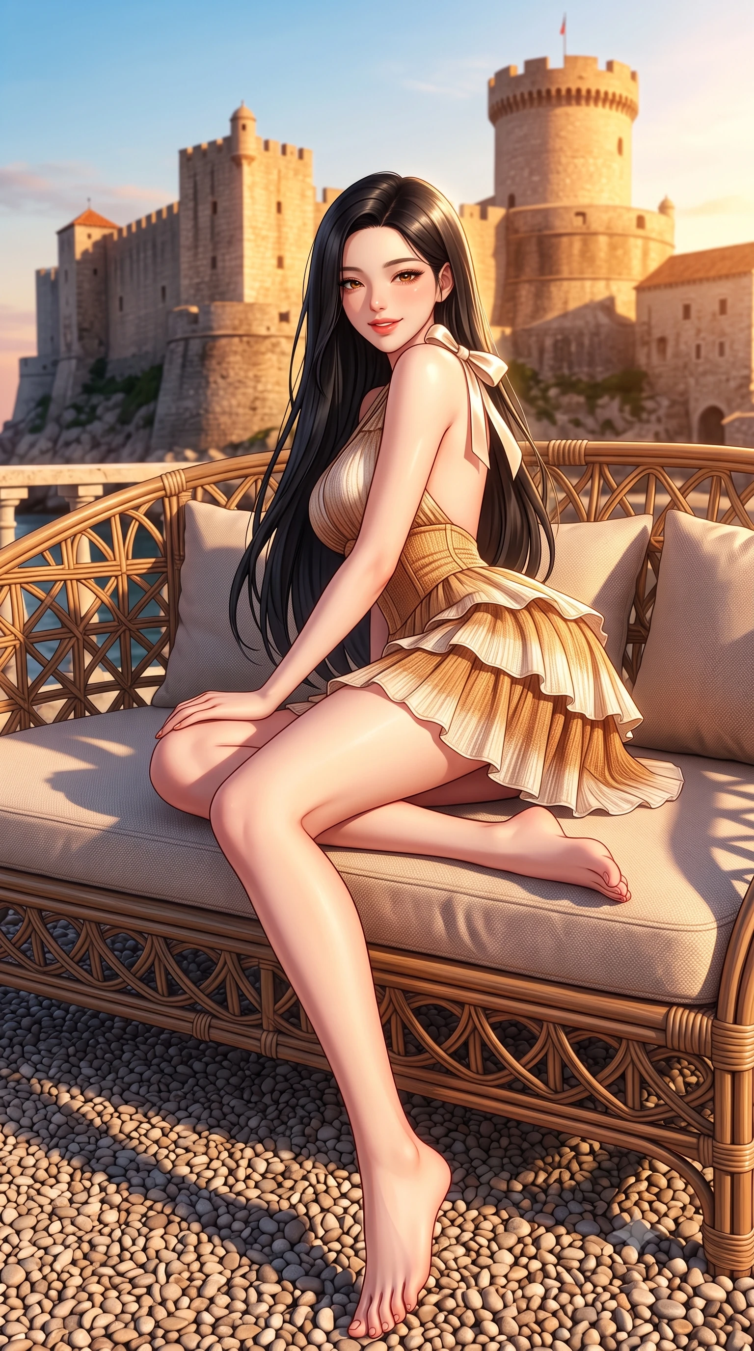 score_9, masterpiece, best quality, ultra-detailed, high-budget anime keyframe, semi-realistic 3D game render, editorial fashion photography, tasteful artistic composition, Korean woman. low angle full-body shot from head to toe showing her feet, filling the entire 9:16 vertical frame with her statuesque presence, stretching her vertical silhouette. reclining languidly on her side across the outdoor daybed with one knee drawn up, her radiant smile and arched hip curve commanding the 9:16 vertical frame with youthful sensual charisma while standing on the private pebble beach platform with the ancient medieval fortress glowing in the sunset behind, arching her back with sovereign poise. The surrounding environment is rendered in vivid detail and crisp panoramic clarity. detailed resort knit dress weave, sunburst highlights in hair, and medieval fortress stone clarity in high resolution. She has an exceptionally tall and slender model-like 8.5-heads proportion, an ultra-slim waist, a flat toned midriff, narrow delicate ribcage, and beautifully sculpted feminine hips creating a graceful, slim hourglass silhouette without any bulky heaviness, with impossibly long slender legs. sharp v-shaped jawline, high-bridge nose, sparkling amber-hazel eyes with depth, long lush eyelashes, glossy sun-kissed lips with a warm coral glaze, radiant teasing smile with sensual sunlit bedroom-eyes, exuding effortless old-money elegance and intoxicating sun-drenched allure, flawlessly proportioned anatomical accuracy, strict slender model proportions, natural body alignment, perfectly sculpted long slender limbs, ultra-slim waistline, clean dynamic posture without body distortion. wearing a tiered ruffled chiffon resort mini dress with an ultra-slim corseted waist and open back in warm honey bronze and pearlescent ivory, formed from supple second-skin stretch ribbed knit clinging to her form, finished with cute satin bow ribbons tying at the shoulders, the form-contouring cut accentuating her sculpted flat midriff, narrow delicate ribcage, and gracefully curvy hips with sun-drenched supermodel elegance. bathed in warm Adriatic golden hour rays casting long dramatic shadows. highly saturated vibrant anime colors, detailed shading with soft gradients, rich glossy textures, high-contrast stereoscopic depth, volumetric dynamic lighting, master piece, 9:16 ratio