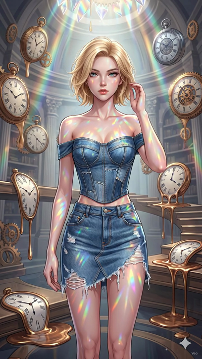 A surreal fantasy anime keyframe animation. The floating clock gears rotate slowly in mid-air. The gold liquid from the melting clocks drips in a slow-motion fluid flow. Shimmering rainbow light rays stream from above, shifting and dancing across the