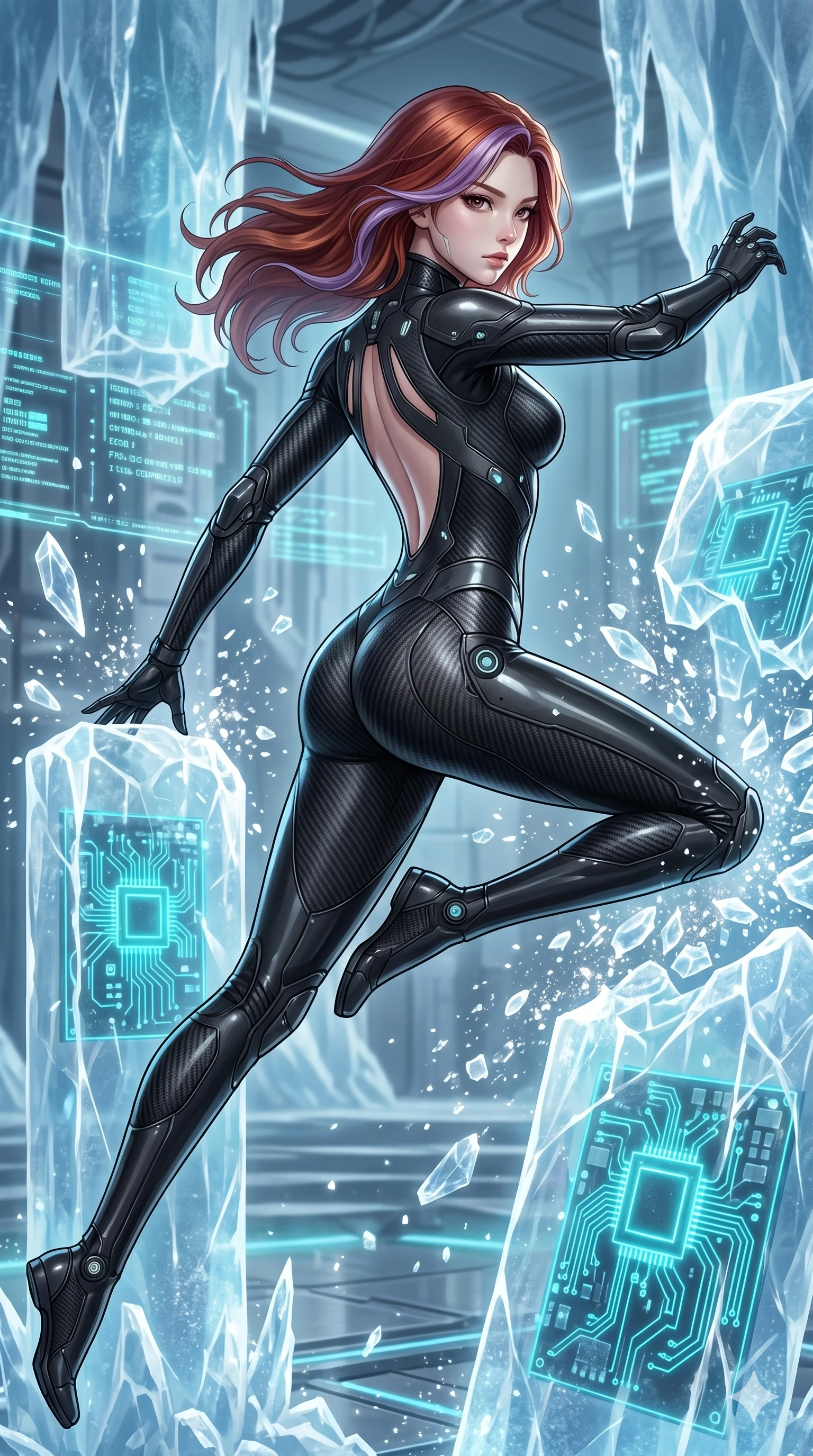 score_9, masterpiece, best quality, ultra-detailed, high-budget anime keyframe, Korean woman. upper body close-up from the thighs up, character filling the screen for maximum presence. leaping inside a sub-zero cybernetic ice temple, where glowing neon cyan computer circuit boards are frozen within transparent ice pillars, fracturing ice crystals into sparkles around her. She has an absolutely perfect 8-heads proportion, an exceptionally tall and slender female figure with impossibly long slender legs and an ultra-slim waist. V-shaped jawline, high-bridge nose, intricate jewel-like eyes with depth, thick eyelashes, glossy lips with a natural sheen.. wearing a second-skin carbon fiber combat suit, featuring matte carbon fiber and glossy latex panels with elegant slitted cutouts on the upper back. lit by a soft glowing ambient light and a sharp side key light that traces the sleek contours of her athletic build. 2k, ultra detail, master piece, 9:16 ratio