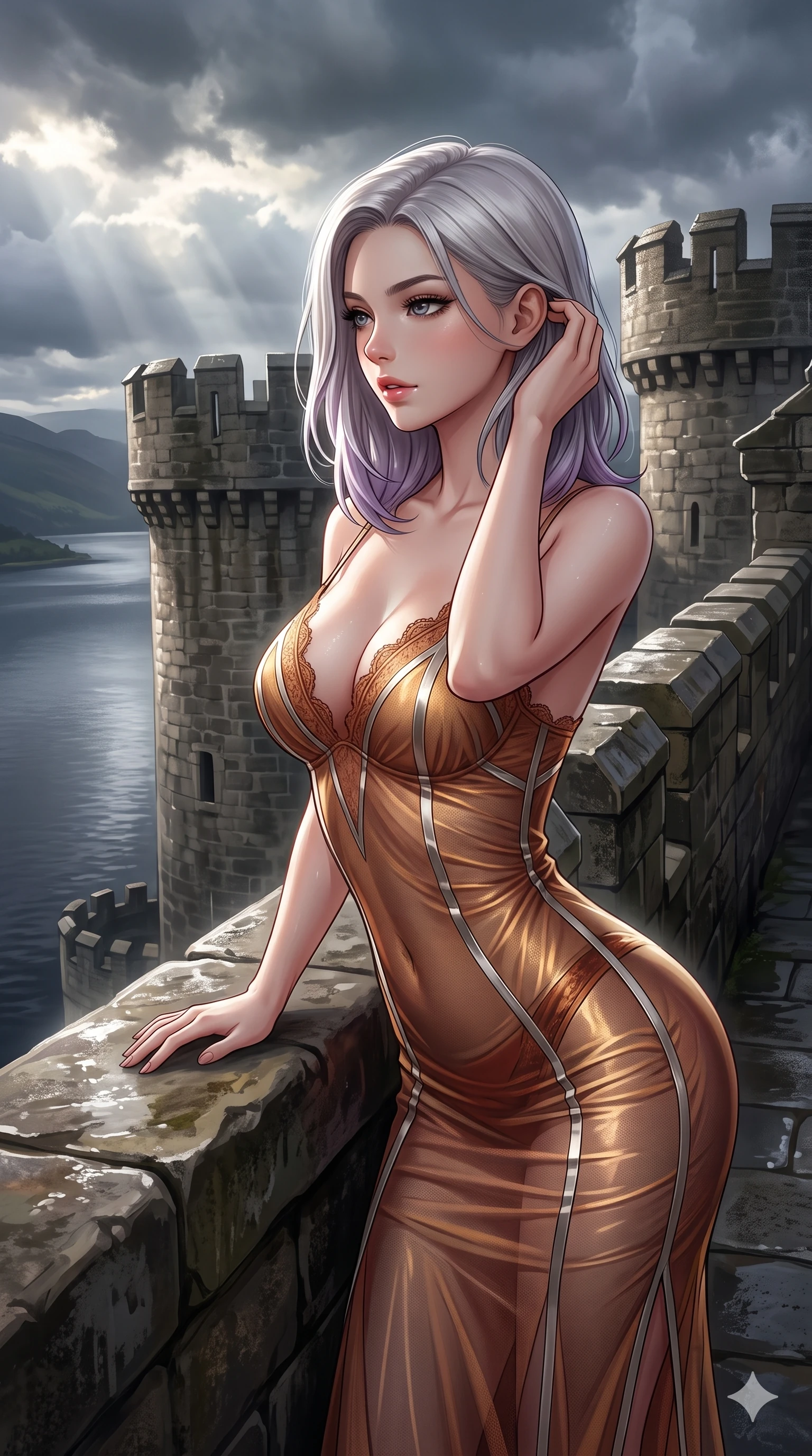 score_9, masterpiece, best quality, ultra-detailed, high-budget anime keyframe, semi-realistic 3D game render, editorial fashion photography, tasteful artistic composition, Caucasian woman. close-up cowboy shot from the waist and thighs up, the character dominates the composition, filling the frame with her large presence. gently brushing a lock of hair behind her ear while casting a playful, flirtatious side-gaze with long eyelashes while leaning deep against the parapet edge with hips cocked back, looking out over the dark loch as storm clouds part with smoldering bedroom-eyes. The surrounding environment is rendered in vivid detail and crisp panoramic clarity: detailed anime keyframe lines, wet-look fabric drape, and monumental castle battlements in high resolution. She has an exceptionally elegant, slender, and willowy female figure with an ultra-slim waist, flat toned midriff, narrow ribcage, and sculpted feminine hips creating an alluring, slim hourglass silhouette without bulk. sharp v-shaped jawline, high-bridge nose, intricate jewel-like eyes with depth, thick eyelashes, glossy parted lips with a natural sheen, intensely captivating and seductive bedroom-eyes expression, flawlessly proportioned anatomical accuracy, strict slender model proportions, natural body alignment, perfectly sculpted long slender limbs, ultra-slim waistline, clean dynamic posture without body distortion. wearing a plunge-front sheer illusion tulle slip dress with liquid platinum ribbon stripes hugging her curves in molten desert gold and burnt terracotta, woven from fine semi-opaque stretch illusion mesh tracing her slender contours, finished with scalloped eyelash lace trim framing her sweetheart neckline with intimate elegance, the glove-like clinging cut tightly following the natural contour of her hips and long slender legs with youthful 8.5-heads elegance. bathed in high-contrast dramatic sky illumination with crisp silver rim lights sculpting her jawline, narrow waist, and curvy hips. highly saturated vibrant anime colors, detailed shading with soft gradients, rich glossy textures, high-contrast stereoscopic depth, volumetric dynamic lighting, master piece, 9:16 ratio