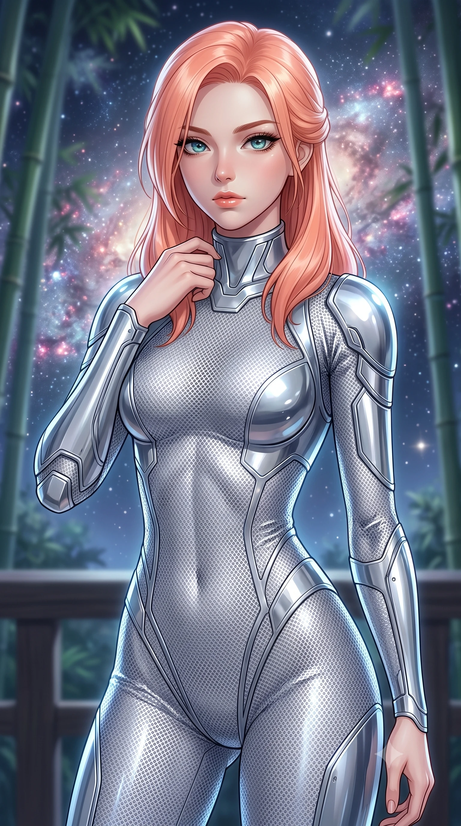 score_9, masterpiece, best quality, ultra-detailed, high-budget anime keyframe, editorial fashion photography, tasteful artistic composition, Japanese woman. close-up cowboy shot from the waist and thighs up, the character dominates the composition, filling the frame with her large presence, background elements kept in soft focus. adjusting the high collar of her body-hugging suit, looking past the camera with quiet, sharp focus and a composed expression, the background shows a soft-focus a bamboo forest observatory looking at a galaxy nebula in stardust. She has an exceptionally elegant, slender, and willowy female figure with an ultra-slim waist, a gracefully sculpted slender torso, and a refined silhouette. sharp v-shaped jawline, high-bridge nose, intricate jewel-like eyes with depth, thick eyelashes, glossy lips with a natural sheen. wearing a form-contouring delicate silver nano-mesh bodysuit with strategically placed chrome armor plate guards covering key curves. soft silver starlight wrapping her statuesque posture in a quiet mood. highly saturated vibrant anime colors, detailed shading with soft gradients, rich glossy textures, high-contrast stereoscopic depth, volumetric dynamic lighting, master piece, 9:16 ratio