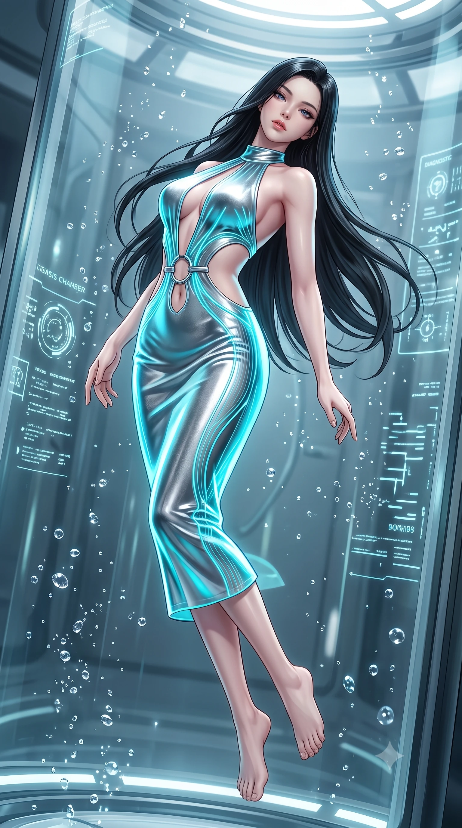 score_9, masterpiece, best quality, ultra-detailed, high-budget anime keyframe, semi-realistic 3D game render, editorial fashion photography, tasteful artistic composition, Korean woman. low angle full-body shot from head to toe showing her feet, filling the entire 9:16 vertical frame with her statuesque presence, stretching her vertical silhouette. arching her back in a fluid zero-gravity turn with sovereign grace, her long slender legs and sculpted torso creating a sweeping line while floating in zero-gravity inside a medical stasis cylinder with a serene yet dangerously alluring gaze. The surrounding environment is rendered in vivid detail and crisp panoramic clarity. crisp glass chamber curvature, sparkling nano-fluid droplet textures, and glowing diagnostic glyphs in deep focus. She has an absolutely perfect, statuesque 8.5-heads proportion, an exceptionally tall and slender model-like female figure with impossibly long slender legs and an ultra-slim waist. sharp v-shaped jawline, high-bridge nose, intricate jewel-like eyes with depth, thick eyelashes, glossy lips with a natural sheen, flawlessly proportioned anatomical accuracy, natural body alignment, perfectly sculpted elegant limbs, clean dynamic posture without body distortion. wearing a velvet halter-neck midi dress fitting her statuesque contour flawlessly with a Tasteful chest slit and open spine in liquid mercury silver and glowing electric cyan, tailored from semi-translucent cybernetic vinyl with glowing micro-filaments, detailed with polished silver rings connecting the daring side-waist cutouts, the daring cutouts accentuating her delicate midriff, graceful collarbones, and feminine contour. surrounded by a sterile yet deeply seductive, ethereal, and pristine android rebirth atmosphere. highly saturated vibrant anime colors, detailed shading with soft gradients, rich glossy textures, high-contrast stereoscopic depth, volumetric dynamic lighting, master piece, 9:16 ratio