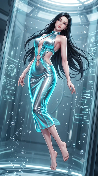 score_9, masterpiece, best quality, ultra-detailed, high-budget anime keyframe, semi-realistic 3D game render, editorial fashion photography, tasteful artistic composition, Korean woman. low angle full-body shot from head to toe showing her feet, fil