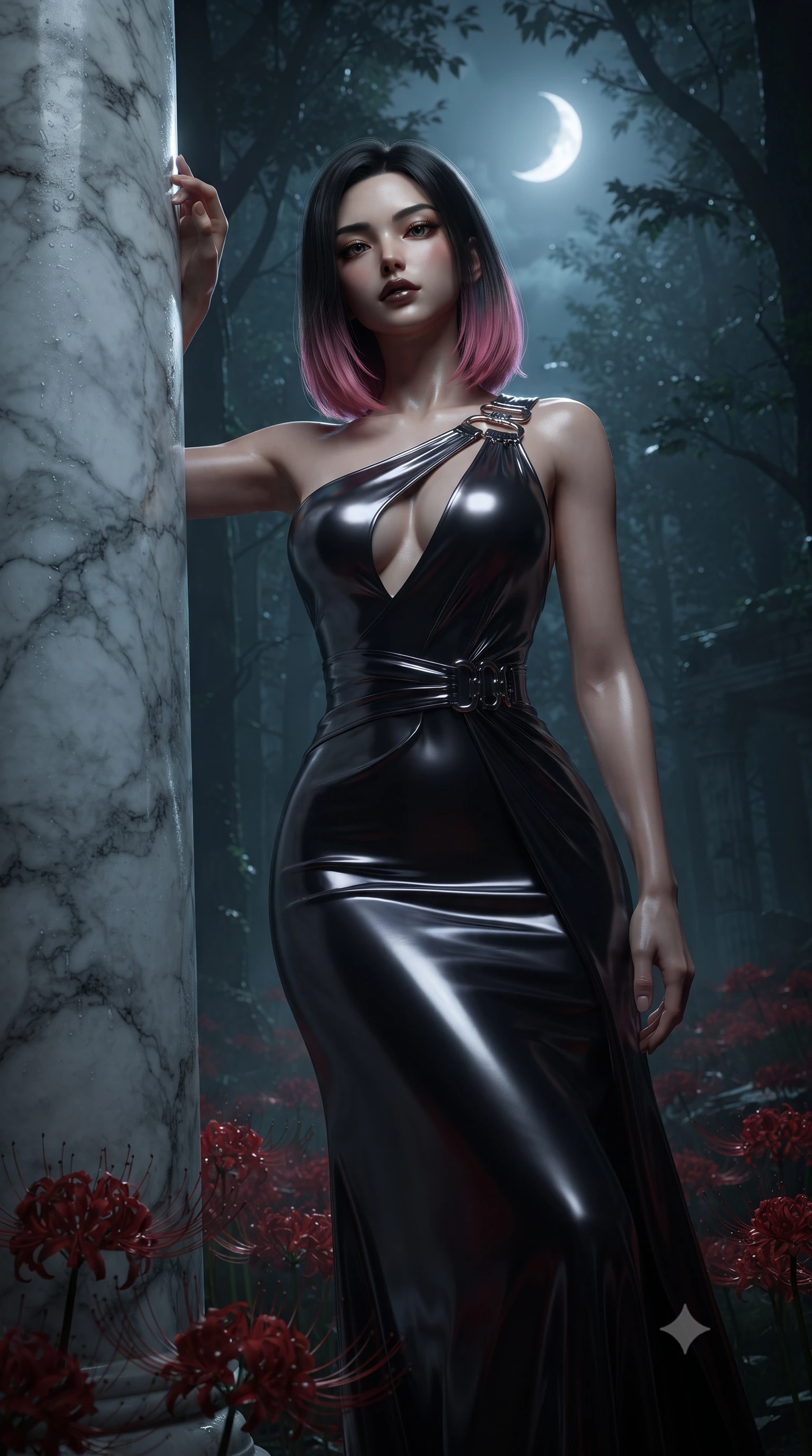 score_9, masterpiece, best quality, ultra-detailed, High-budget Anime Keyframe, editorial fashion photography, tasteful artistic composition, realistic cosplay photography, East Asian woman. Low angle cowboy shot filling the entire 9:16 frame with her statuesque presence. Scenario 288: leaning against a cold marble pillar inside a misty dark forest under a crescent moon with red spider lilies blooming. Her presence is magnetic and overpowering in this high-budget cinematic scene. Outfit 288: a body-hugging molten liquid silk long with a low-cut shoulder and metallic buckles. The clothing is designed to emphasize her exceptionally tall and slender 8-heads proportion. 8-heads proportion, towering silhouette, ultra-slim waist. sharp v-shaped jawline, intricate jewel-like eyes with depth, thick eyelashes, glossy lips. ultra-reflective glossy finish, specular highlights, metallic sheen, high-contrast stereoscopic depth, volumetric dynamic lighting, 2k, ultra detail, master piece, 9:16 ratio