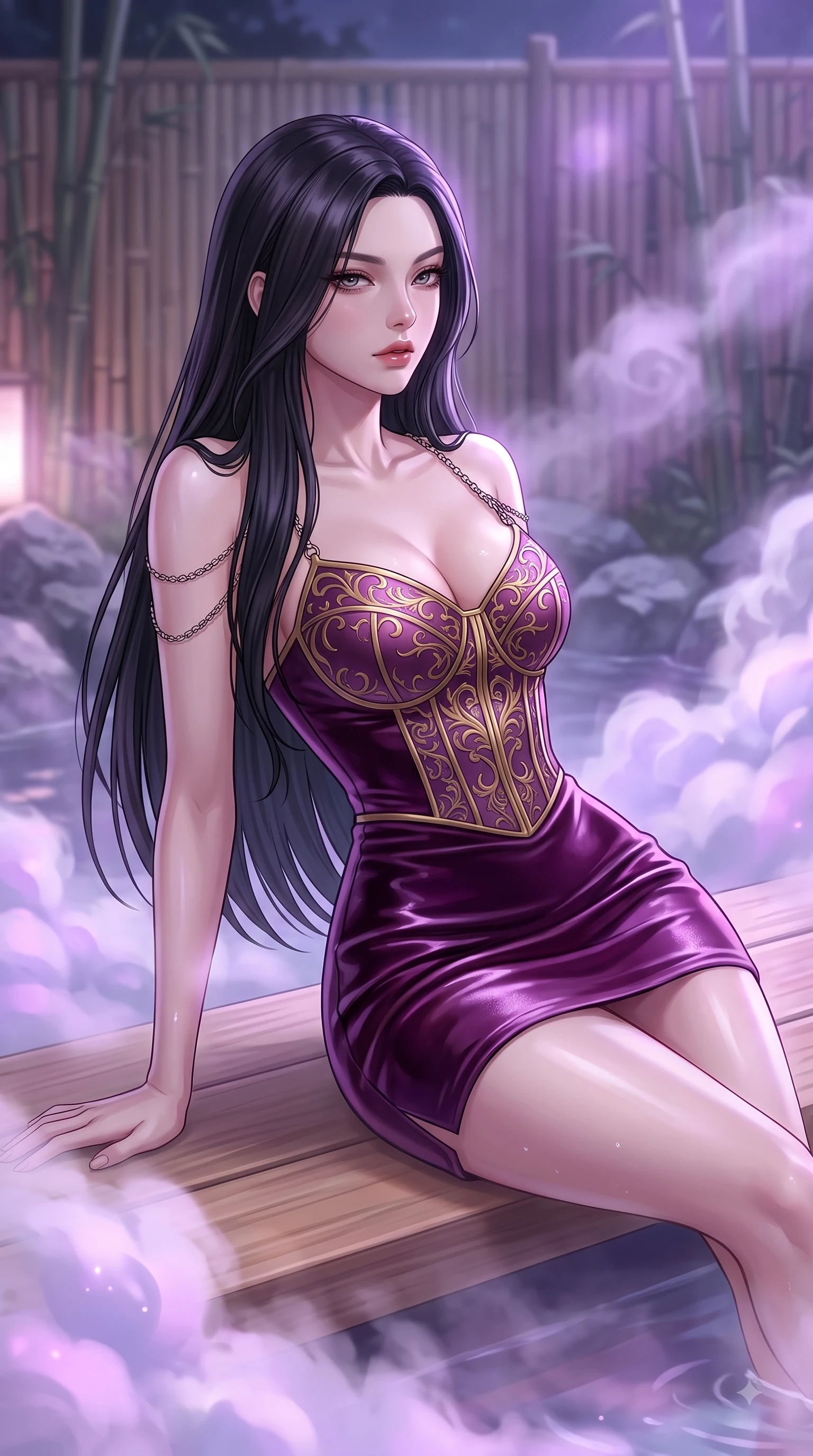 score_9, masterpiece, best quality, ultra-detailed, high-budget anime keyframe, editorial fashion photography, tasteful artistic composition, Korean woman. close-up cowboy shot from the waist and thighs up, the character dominates the composition, filling the frame with her large presence, background elements kept in soft focus. Gazing past the lens with smoldering intensity as her torso curves dynamically in mid-stride while lounging on a smooth hinoki wood platform in a moonlit hot spring surrounded by bamboo screens, swirling thermal steam clouds scattering soft violet and magenta mineral light in mid-air. She has an exceptionally elegant, slender, and willowy female figure with an ultra-slim waist, a gracefully sculpted slender torso, and a refined silhouette. sharp v-shaped jawline, high-bridge nose, intricate jewel-like eyes with depth, thick eyelashes, glossy lips with a natural sheen, flawlessly proportioned anatomical accuracy, natural body alignment, perfectly sculpted elegant limbs, clean dynamic posture without body distortion. wearing a modern fusion silk hanbok dress with a structured bodice and flowing skirt in plum purple and gold filigree, made of premium stretch velvet with a rich sheen, adorned with delicate metallic chain straps along the neckline, the tailored fabric tightly following every curve of her athletic build. illuminated by luminous purple bioluminescence and serene silver moonlight. highly saturated vibrant anime colors, detailed shading with soft gradients, rich glossy textures, high-contrast stereoscopic depth, volumetric dynamic lighting, master piece, 9:16 ratio