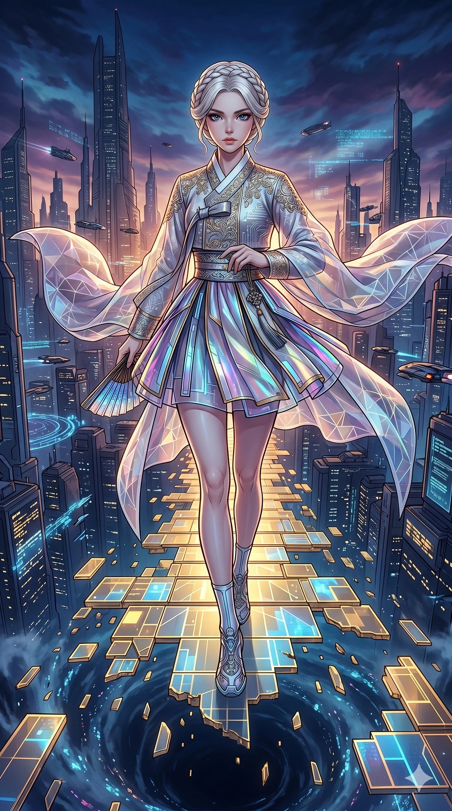 score_9, masterpiece, best quality, ultra-detailed, high-budget anime movie keyframe, cinematic anime lighting, intricate line art, Japanese woman. Dynamic full-body shot stretching the vertical silhouette with extreme perspective. standing on a bridge of light as it slowly dissolves into the air. She has an absolutely perfect 8-heads proportion, an exceptionally tall and slender female figure with graceful and slender proportions. strictly human anatomy, two legs only, no extra limbs, clearly defined legs and arms, perfect anatomy, perfect hands and fingers. sharp v-shaped jawline, high-bridge nose, intricate jewel-like eyes, thick eyelashes, glossy lips. Wearing Modern Traditional: Shortened cyber-hanbok with fusion silk robes and transparent panels. The scene is illuminated by dramatic atmospheric lighting and vibrant color palettes. , 2k, ultra detail, master piece, 9:16 ratio