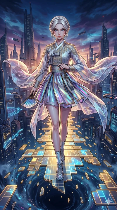 score_9, masterpiece, best quality, ultra-detailed, high-budget anime movie keyframe, cinematic anime lighting, intricate line art, Japanese woman. Dynamic full-body shot stretching the vertical silhouette with extreme perspective. standing on a brid