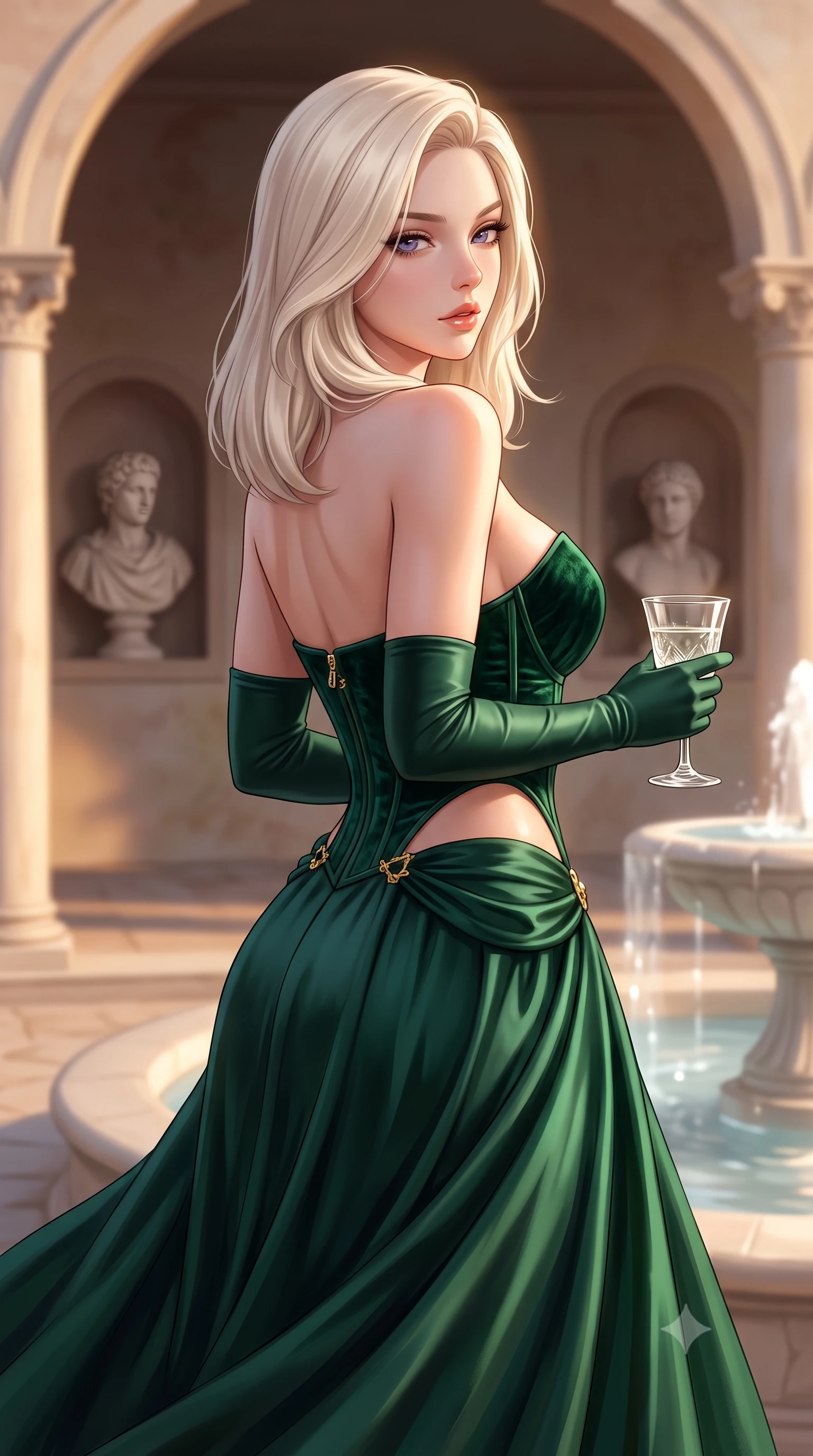 score_9, masterpiece, best quality, ultra-detailed, high-budget anime keyframe, semi-realistic 3D game render, editorial fashion photography, tasteful artistic composition, Caucasian woman. close-up cowboy shot from the waist and thighs up, the character dominates the composition, filling the frame with her large presence. turning over a bare shoulder with an intoxicating, teasing smile, her soft hair framing her sharp jawline as her hips angle gracefully while twisting her slender torso in an alluring S-curve along the colonnaded loggia, her silk dress catching the warm evening Mediterranean breeze. The composition keeps background elements in soft focus with creamy bokeh. classical marble busts in wall niches softened in romantic Spanish shallow focus. She has an exceptionally elegant, slender, and willowy female figure with an ultra-slim waist, flat toned midriff, narrow ribcage, and sculpted feminine hips creating an alluring, slim hourglass silhouette without bulk. sharp v-shaped jawline, high-bridge nose, intricate jewel-like eyes with depth, thick eyelashes, glossy parted lips with a natural sheen, intensely captivating and seductive bedroom-eyes expression, flawlessly proportioned anatomical accuracy, strict slender model proportions, natural body alignment, perfectly sculpted long slender limbs, ultra-slim waistline, clean dynamic posture without body distortion. wearing a deep sweetheart neckline crushed velvet corseted ballgown with an exposed midriff cutout in deep emerald green satin and gold hardware, made of fluid silk crepe with delicate inner corsetry boning, accessorized with opera-length satin gloves and a vintage crystal glass, the liquid-tight tailored fabric clinging flawlessly to her narrow waist and rounded feminine hips, emphasizing every millimeter of her sculpted slim hourglass curves without any bulky heaviness. illuminated by soft specular fountain reflections sharply defining her sculpted collarbones, ultra-slim waist, and curvy hips. highly saturated vibrant anime colors, detailed shading with soft gradients, rich glossy textures, high-contrast stereoscopic depth, volumetric dynamic lighting, master piece, 9:16 ratio