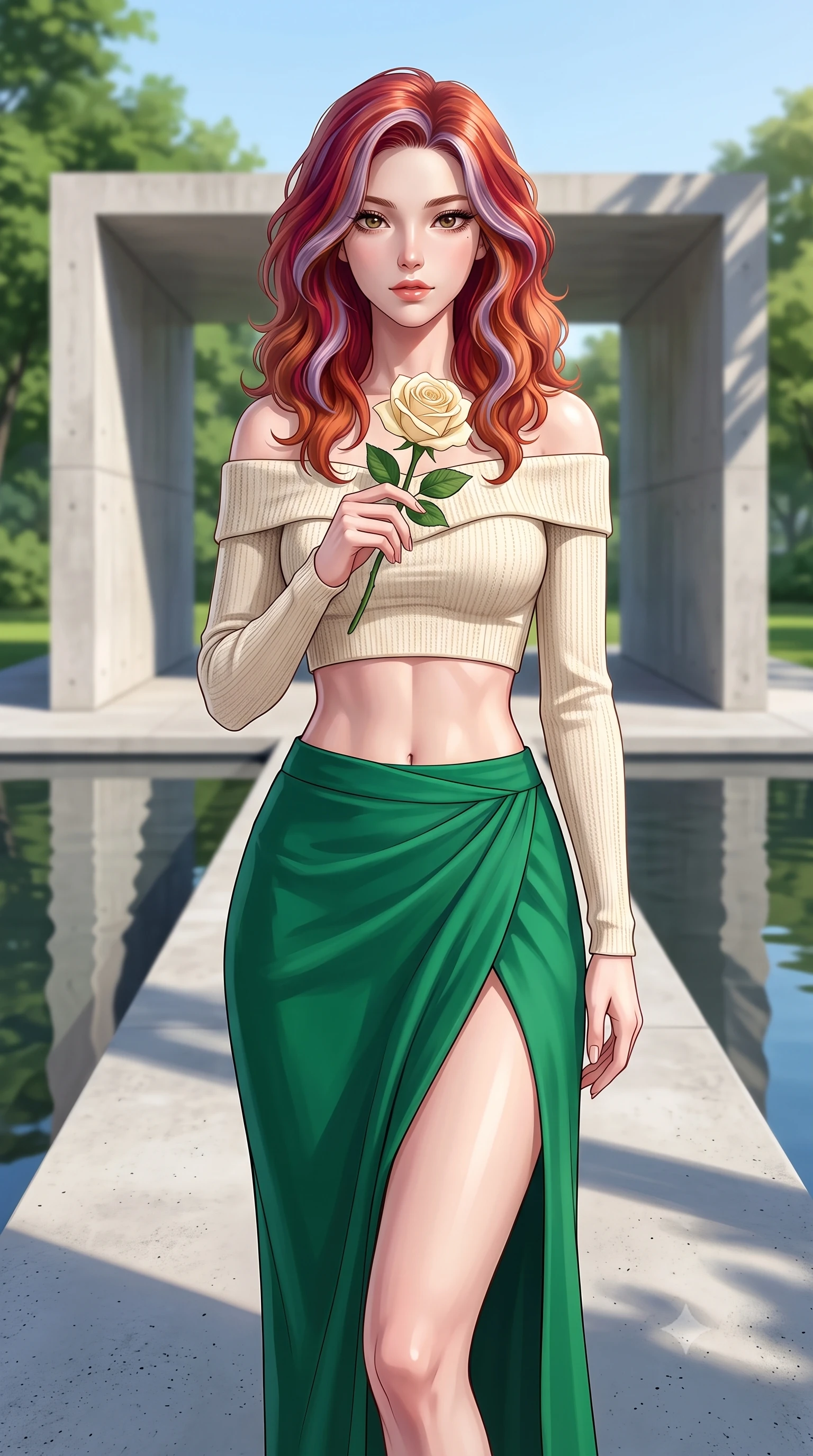 score_9, masterpiece, best quality, ultra-detailed, high-budget anime keyframe, editorial fashion photography, tasteful artistic composition, Caucasian woman woman. close-up cowboy shot from the waist and thighs up, the character dominates the composition, filling the frame with her large presence, background elements kept in soft focus. gazing directly at the viewer with a calm and welcoming expression, holding a fresh flower the background shows a soft-focus a minimalist concrete pavilion in a green park, with water pools reflecting the structure. She has an exceptionally elegant, slender, and willowy female figure with an ultra-slim waist, a gracefully sculpted slender torso, and a refined silhouette. sharp v-shaped jawline, high-bridge nose, intricate jewel-like eyes with depth, thick eyelashes, glossy lips with a natural sheen. wearing a tailored cropped off-shoulder knit top in cream paired with a high-slit wrap skirt in emerald green. bright midday sun rays creating clean, sharp shadows and reflections. 2k, ultra detail, master piece, 9:16 ratio