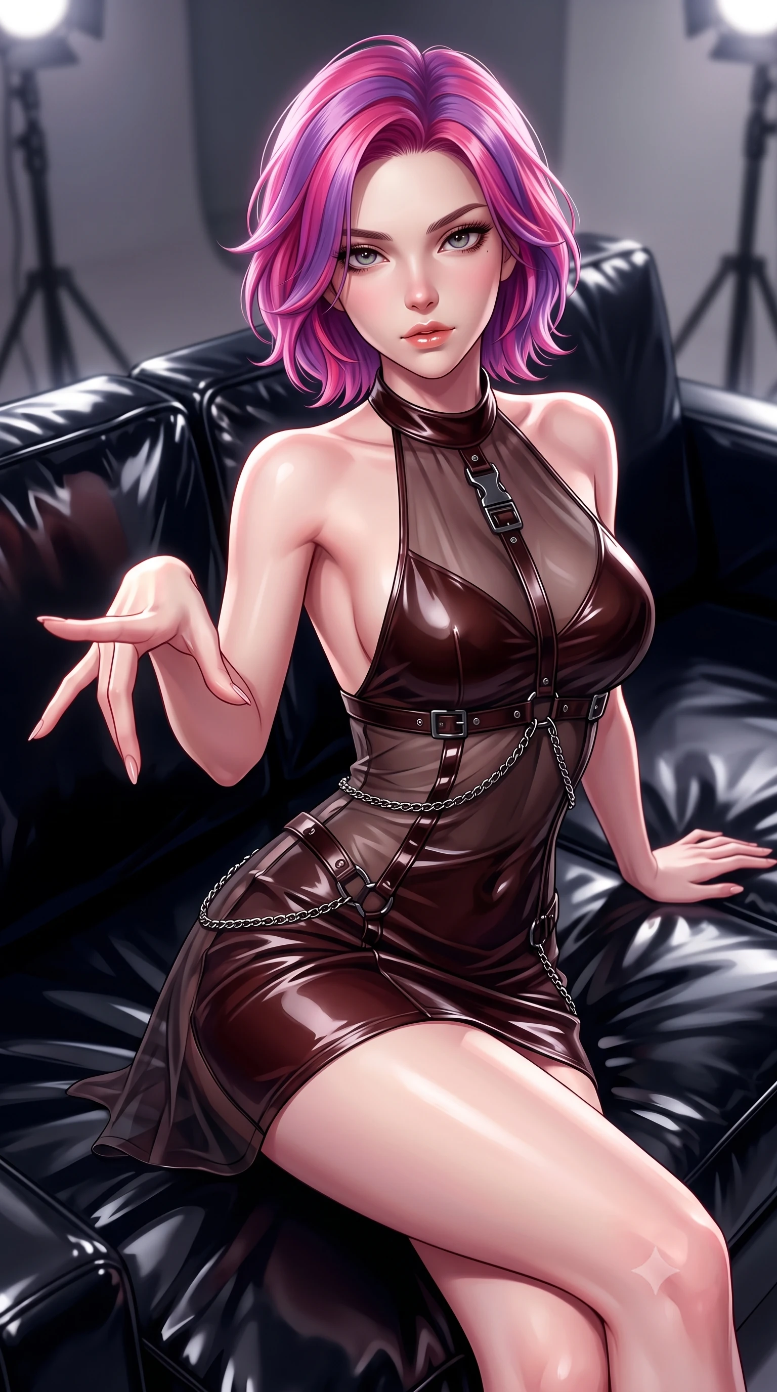 score_9, masterpiece, best quality, ultra-detailed, high-budget anime keyframe, editorial fashion photography, tasteful artistic composition, Caucasian woman. close-up cowboy shot from the waist and thighs up, the character dominates the composition, filling the frame with her large presence, background elements kept in soft focus. Reaching one hand toward the viewer with relaxed sensual elegance, lounging on a high-gloss black vinyl sofa under dramatic studio key lights, sculpted athletic silhouette emphasized by precision form-fitting cuts. She has an exceptionally elegant, slender, and willowy female figure with an ultra-slim waist, a gracefully sculpted slender torso, and a refined silhouette. sharp v-shaped jawline, high-bridge nose, intricate jewel-like eyes with depth, thick eyelashes, glossy lips with a natural sheen. wearing backless liquid vinyl mini slip dress with bare shoulder halter neckline in dark mahogany, made of sheer dark organza overlay, framed by dark titanium buckles and silver chain details, accentuating her gracefully sculpted slender torso. lit by dramatic spotlighting highlighting her athletic contours. highly saturated vibrant anime colors, detailed shading with soft gradients, rich glossy textures, high-contrast stereoscopic depth, volumetric dynamic lighting, master piece, 9:16 ratio