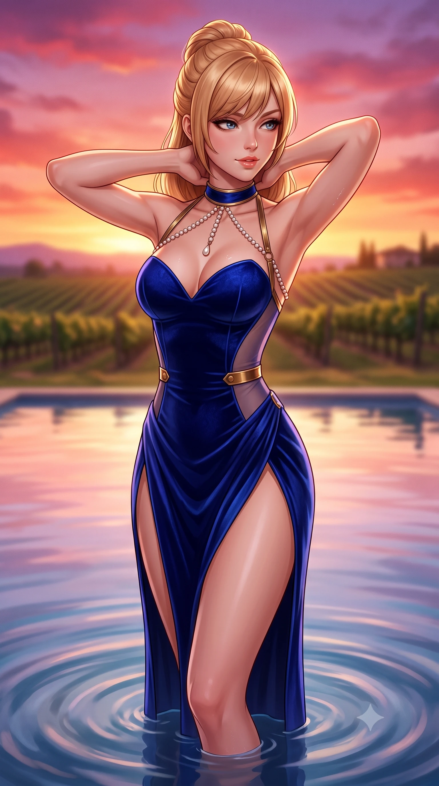 score_9, masterpiece, best quality, ultra-detailed, high-budget anime keyframe, semi-realistic 3D game render, editorial fashion photography, tasteful artistic composition, Caucasian woman. close-up cowboy shot from the waist and thighs up, the character dominates the composition, filling the frame with her large presence. resting both hands lightly behind her neck with elbows raised, arching her spine to highlight her narrow waist, flat midriff, and breathtaking collarbones while standing knee-deep in the mirror-smooth pool with hips cocked back, looking over a bare shoulder toward the vineyard with smoldering siren allure. The background shows a soft-focus swirling pool water ripples softened in cinematic Mediterranean shallow focus. She has an exceptionally elegant, slender, and willowy female figure with an ultra-slim waist, flat toned midriff, narrow ribcage, and sculpted feminine hips creating an alluring, slim hourglass silhouette without bulk. sharp v-shaped jawline, high-bridge nose, sparkling eyes with hypnotic seductive depth, thick curled eyelashes, glossy parted lips with a natural dewy peach sheen, alluring bedroom-eyes with an enchanting coquettish smile, exuding magnetic siren charisma and sophisticated glamour, flawlessly proportioned anatomical accuracy, strict slender model proportions, natural body alignment, perfectly sculpted long slender limbs, ultra-slim waistline, clean dynamic posture without body distortion. wearing a deep sweetheart-neckline velvet bodycon dress with sheer side-torso cutouts accentuating her hourglass curves in royal lapis lazuli and burnished brass, tailored from fine structural neoprene with crisp architectural edges and smooth contouring, accented with a pearl-drop body harness subtly framing her dewy collarbones and spine, the high-slit wrap tailoring accentuating her ultra-slim waistline and the enchanting curve of her feminine hips with alluring seductive charm. bathed in saturated crimson, apricot, and lavender sunset light blazing across the Tuscan sky. highly saturated vibrant anime colors, detailed shading with soft gradients, rich glossy textures, high-contrast stereoscopic depth, volumetric dynamic lighting, master piece, 9:16 ratio