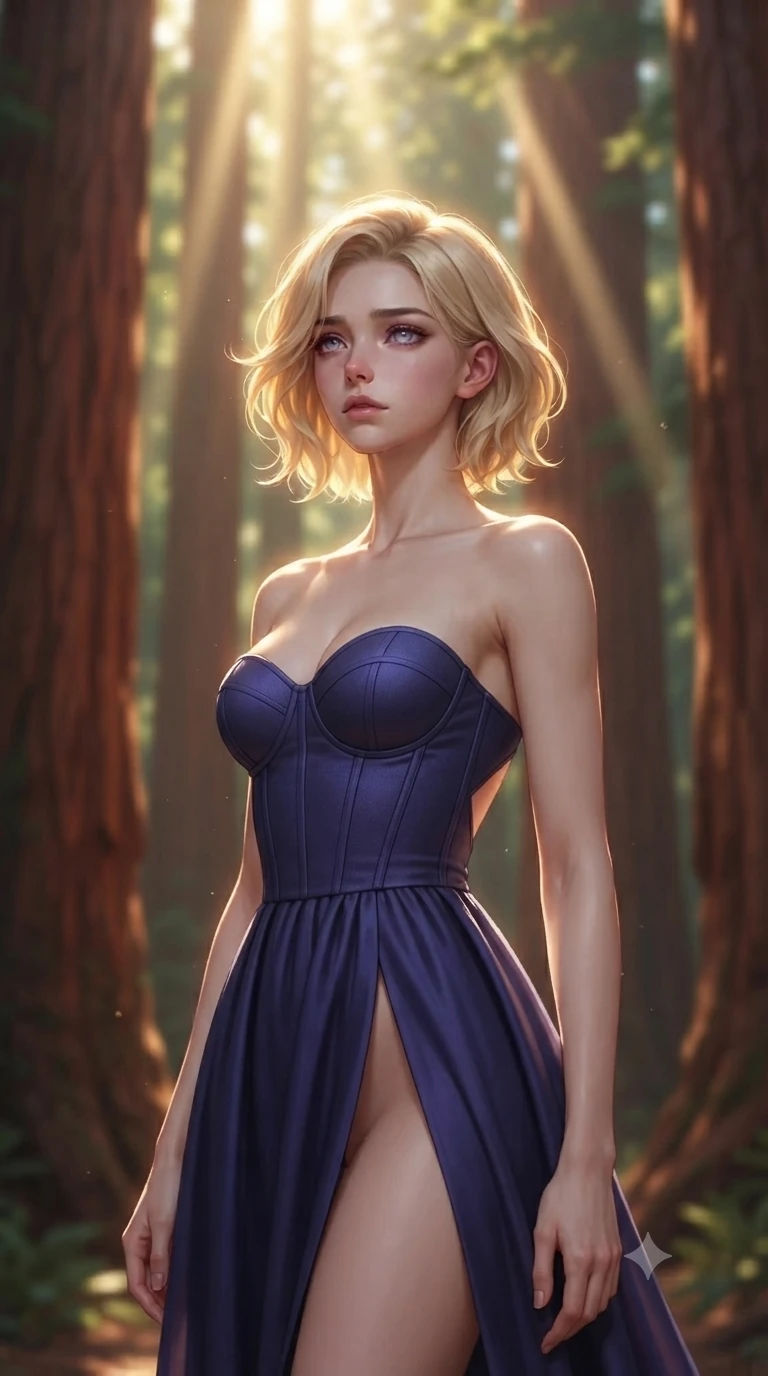 score_9, masterpiece, best quality, ultra-detailed, high-budget anime keyframe, editorial fashion photography, tasteful artistic composition, Caucasian woman, strictly human ears. close-up cowboy shot from the waist and thighs up, the character dominates the composition, filling the frame with her large presence, background elements kept in soft focus. Gazing into the distance with a wistful melancholic expression and softly glowing eyes. set against a soft-focus background of standing among the largest trees on earth in a grove of ancient giant sequoias with massive rust-red trunks and shafts of golden light piercing the canopy hundreds of meters above like divine spotlights through green cathedral arches. She has an exceptionally elegant and slender, willowy female figure with an ultra-slim waist, a gracefully sculpted slender torso, and a refined slim physique. sharp v-shaped jawline, high-bridge nose, intricate jewel-like eyes with depth, thick eyelashes, glossy lips with a natural sheen. wearing a structured bustier gown in deep indigo blue, featuring a boned bodice, a daring high front slit, and an open back. dramatic backlight creating a radiant halo effect around her entire silhouette. 2k, ultra detail, master piece, 9:16 ratio