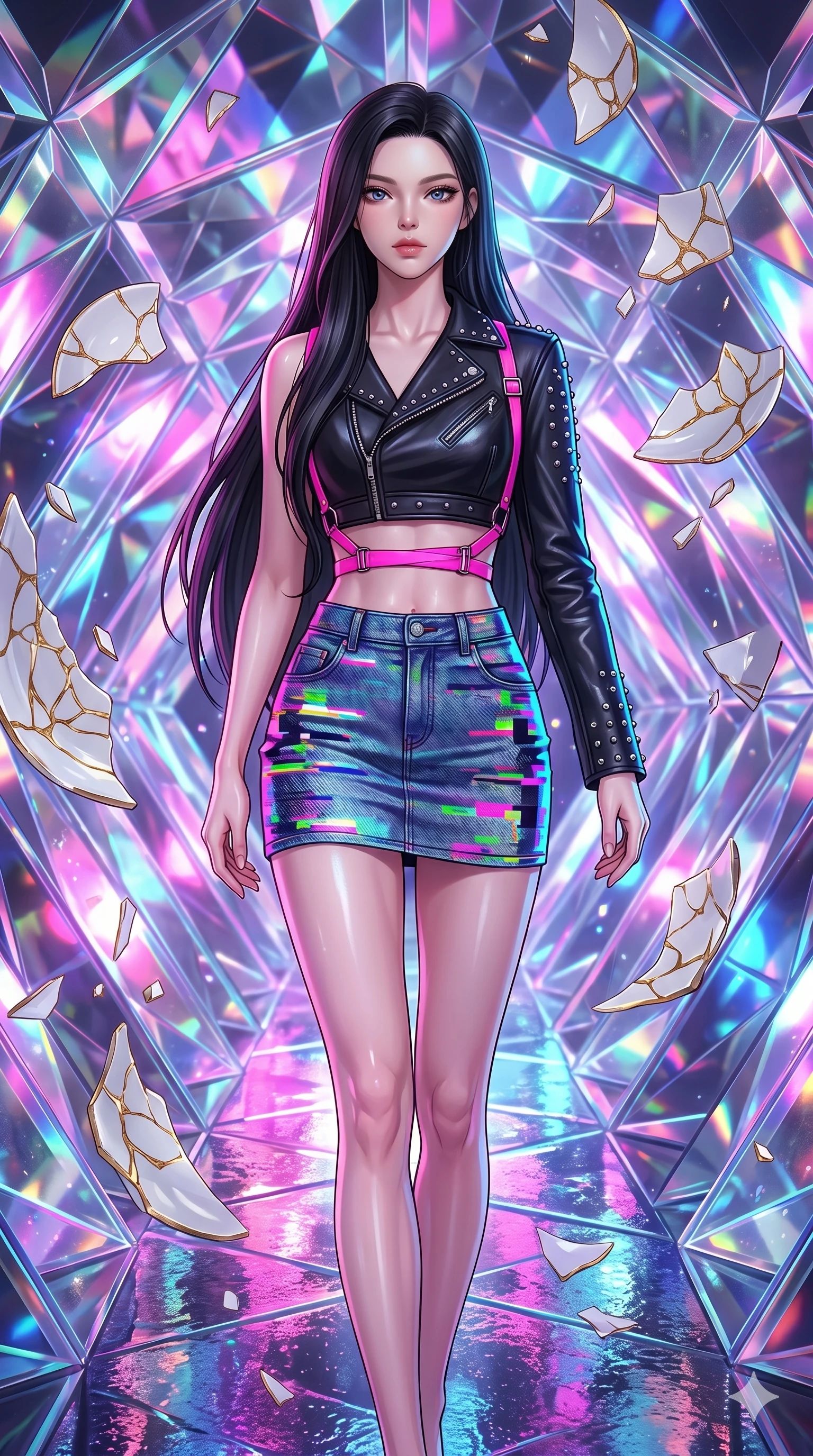 score_9, masterpiece, best quality, ultra-detailed, high-budget anime keyframe, editorial fashion photography, tasteful artistic composition, Korean woman. upper body close-up from the thighs up, character filling the screen for maximum presence. stepping gracefully onto through a kaleidoscope tunnel made of shifting diamond prisms as shards of porcelain and gold kintsugi float in suspension. She has an absolutely perfect 8-heads proportion, an exceptionally tall and slender female figure with impossibly long slender legs and an ultra-slim waist. V-shaped jawline, high-bridge nose, intricate jewel-like eyes with depth, thick eyelashes, glossy lips with a natural sheen.. wearing a glitch denim and studded leather outfit, featuring an RGB glitch pattern denim structured mini-skirt, a single-sleeve cropped leather jacket, and neon pink harness straps. illuminated by the brilliant neon reflections bouncing off wet surfaces, emphasizing her skin tone. 2k, ultra detail, master piece, 9:16 ratio