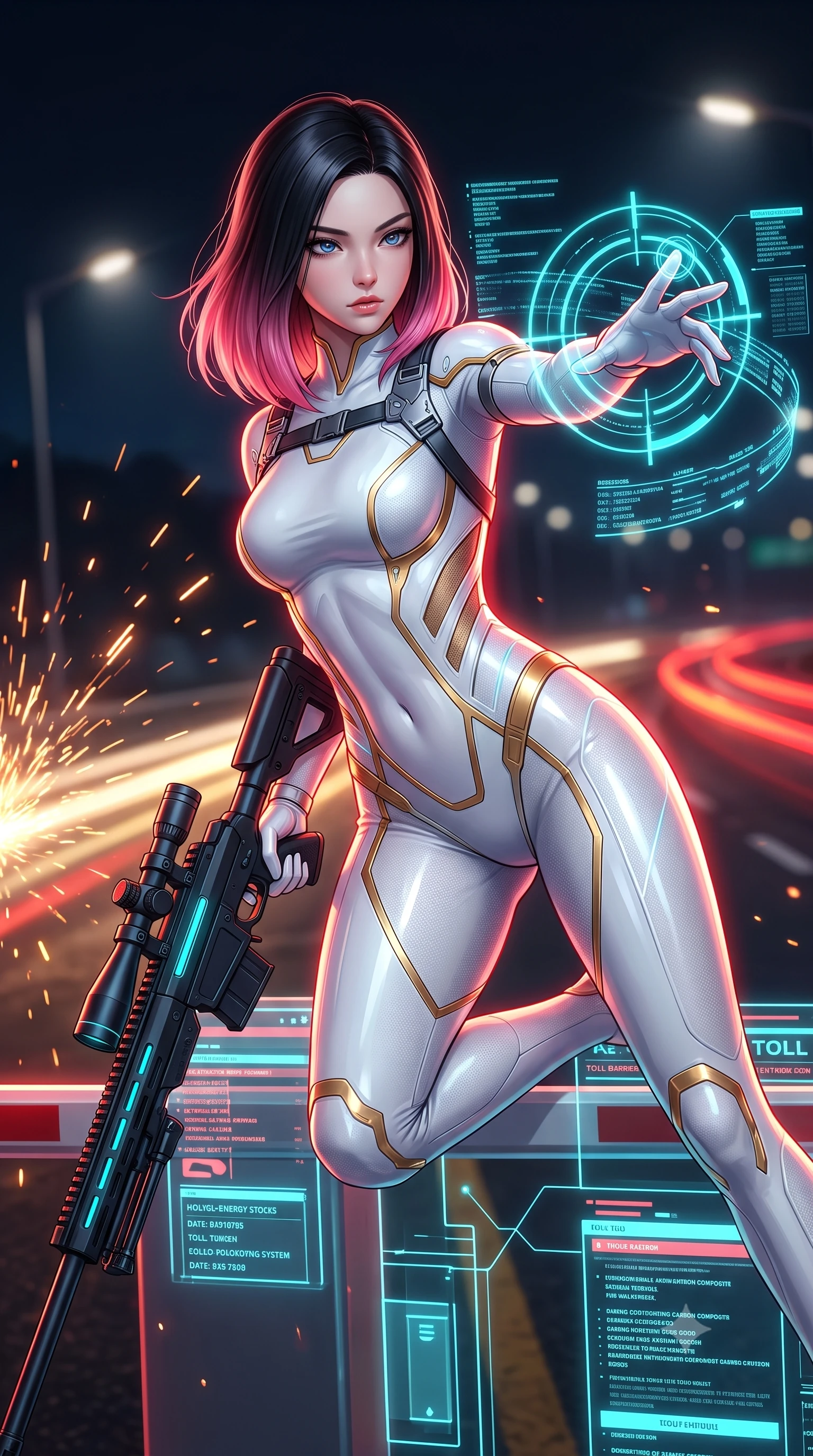 score_9, masterpiece, best quality, ultra-detailed, high-budget anime keyframe, semi-realistic 3D game render, editorial fashion photography, tasteful artistic composition, Korean woman. close-up cowboy shot from the waist and thighs up, the character dominates the composition, filling the frame with her large presence. extending one arm gracefully as glowing holographic targeting reticles and data streams orbit her fingertips with sovereign power while arching her spine in a fluid vault over a holographic toll barrier as crimson blade light traces her athletic torso. The composition keeps background elements in soft focus with creamy bokeh. sparks from vibro-blades scattering radiant light motes across a dark nocturnal highway backdrop. She has an exceptionally elegant, slender, and willowy female figure with an ultra-slim waist, a gracefully sculpted slender torso, toned flat midriff, and a refined slim silhouette. sharp v-shaped jawline, high-bridge nose, intricate jewel-like eyes with depth, thick eyelashes, glossy lips with a natural sheen, flawlessly proportioned anatomical accuracy, strict slender model proportions, natural body alignment, perfectly sculpted long slender limbs, ultra-slim waistline, clean dynamic posture without body distortion. wearing a form-contouring arctic white carbon-composite battle-suit with solar gold trim and diagonal midriff vents, aiming a precision carbon-fiber railgun sniper rifle with divine focus in matte obsidian carbon black with electric cyan conduits, crafted from semi-translucent cybernetic carbon-vinyl interwoven with glowing micro-filaments, reinforced by a sleek titanium tactical harness and glowing micro-energy straps, the glove-like aerodynamic second-skin fit tightly clinging to her ultra-slender waist and athletic curves without adding bulk, accentuating her razor-sharp statuesque lines and slim hourglass silhouette. bathed in blazing neon crimson and golden traffic trail backlighting with crisp streetlamp fill. rich saturated anime colors with glowing neon highlights, detailed shading with soft gradients, rich glossy textures, high-contrast stereoscopic depth, volumetric dynamic lighting, master piece, 9:16 ratio