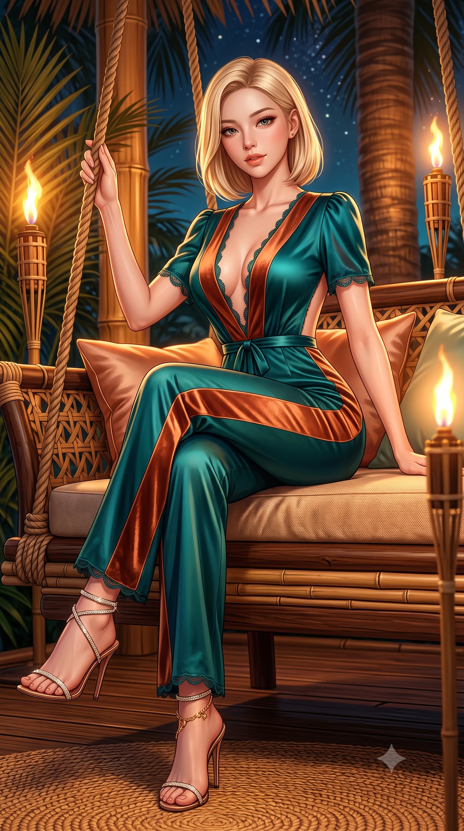 score_9, masterpiece, best quality, ultra-detailed, high-budget anime keyframe, semi-realistic 3D game render, editorial fashion photography, tasteful artistic composition, Korean woman. low angle full-body shot from head to toe showing her feet, filling the entire 9:16 vertical frame with her statuesque presence, stretching her vertical silhouette. lounging on the lavish daybed with legs crossed and hips angled toward the camera, displaying her toned midriff and long slender limbs with effortless siren poise while leaning against the thick woven suspension ropes with hips cocked back, looking into the camera with an intoxicating, smoldering bedroom-smile. The surrounding environment is rendered in vivid detail and crisp panoramic clarity: detailed backless plunge-front silk satin jumpsuit tailoring, gold ankle chain gleam, and eco-luxury architectural craft in razor-sharp precision. She has an absolutely perfect, statuesque 8.5-heads proportion, an exceptionally tall and slender model-like female figure with impossibly long slender legs, an ultra-slim waist, a flat toned midriff, narrow delicate ribcage, and beautifully sculpted feminine hips creating a graceful, slim hourglass silhouette without any bulky heaviness. sharp v-shaped jawline, high-bridge nose, sparkling eyes with hypnotic seductive depth, thick curled eyelashes, glossy parted lips with a natural dewy peach sheen, alluring bedroom-eyes with an enchanting coquettish smile, exuding magnetic siren charisma and sophisticated glamour, flawlessly proportioned anatomical accuracy, strict slender model proportions, natural body alignment, perfectly sculpted long slender limbs, ultra-slim waistline, clean dynamic posture without body distortion. wearing a plunge-neck stretch velvet romper with scalloped eyelash-lace hems and a cinched waist ribbon in Ubud rainforest teal and sunset copper, tailored from ultra-plush velvet with rich tactile depth and deep shadow gradients, complemented by strappy stiletto sandals with crystal ankle wraps accentuating her slender calves, the glove-like clinging cut tightly following the natural contour of her hips and long slender legs with youthful 8.5-heads elegance. bathed in the rich dynamic golden-orange glow of real outdoor bamboo oil torches combined with celestial starlight. highly saturated vibrant anime colors, detailed shading with soft gradients, rich glossy textures, high-contrast stereoscopic depth, volumetric dynamic lighting, master piece, 9:16 ratio