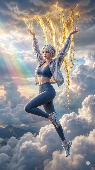 score_9, masterpiece, best quality, ultra-detailed, photorealistic 8k CG, hyper-detailed textures, ray-tracing, Korean woman. Mid-air action shot capturing a graceful twist and vertical silhouette. commanding a rain of liquid gold to fall from the cl