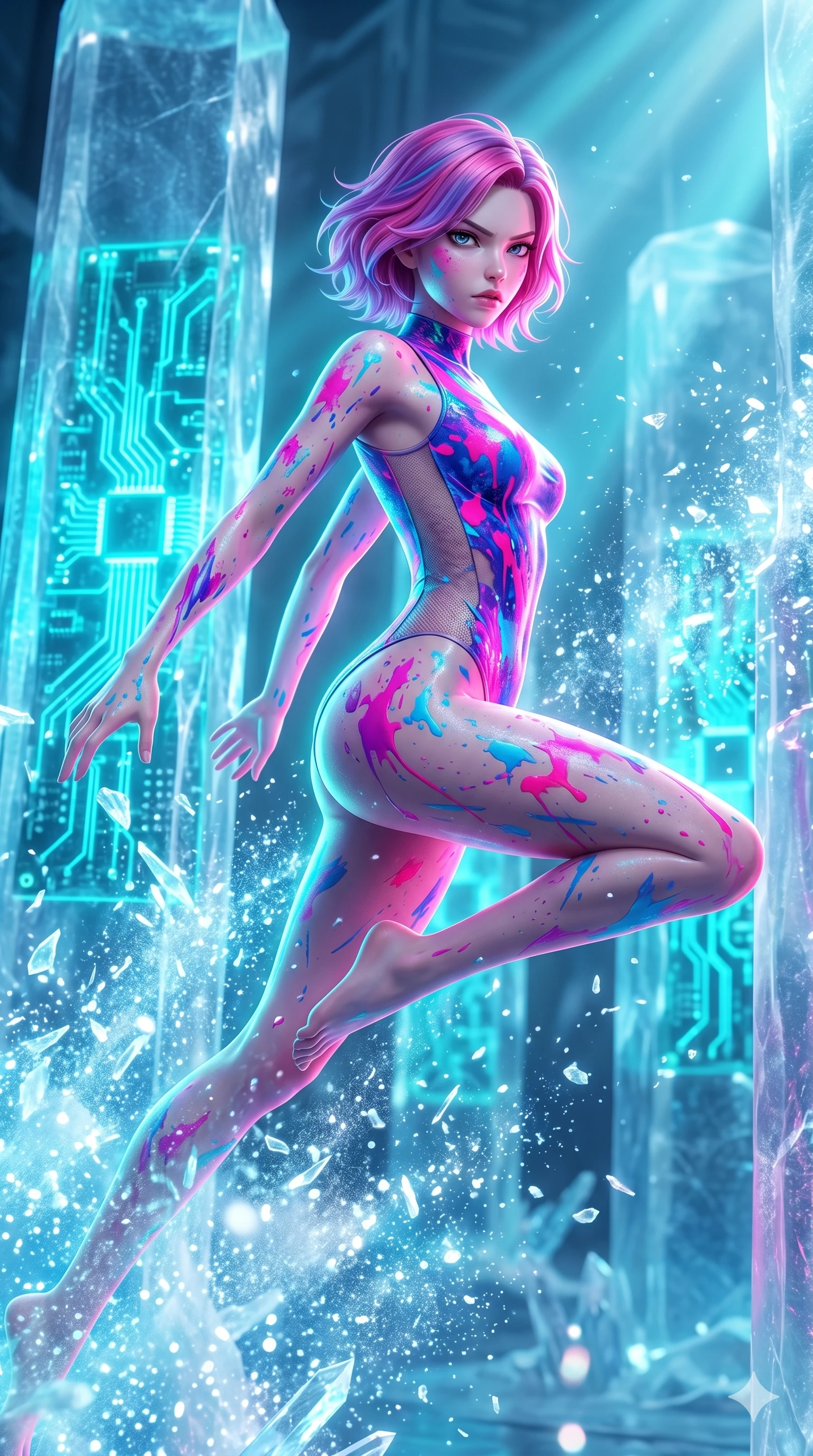 score_9, masterpiece, best quality, ultra-detailed, high-budget anime keyframe, Japanese woman. upper body close-up from the thighs up, character filling the screen for maximum presence. leaping inside a sub-zero cybernetic ice temple, where glowing neon cyan computer circuit boards are frozen within transparent ice pillars, fracturing ice crystals into sparkles around her. She has an absolutely perfect 8-heads proportion, an exceptionally tall and slender female figure with impossibly long slender legs and an ultra-slim waist. V-shaped jawline, high-bridge nose, intricate jewel-like eyes with depth, thick eyelashes, glossy lips with a natural sheen.. wearing a liquid acrylic splash bodysuit, featuring a skin-tight bodysuit that looks like vivid fluorescent acrylic paint splattered and dried, with sheer mesh side panels. bathed in brilliant cinematic volumetric lighting and intense neon rim light highlighting her slender form. 2k, ultra detail, master piece, 9:16 ratio