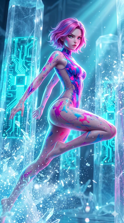 score_9, masterpiece, best quality, ultra-detailed, high-budget anime keyframe, Japanese woman. upper body close-up from the thighs up, character filling the screen for maximum presence. leaping inside a sub-zero cybernetic ice temple, where glowing 